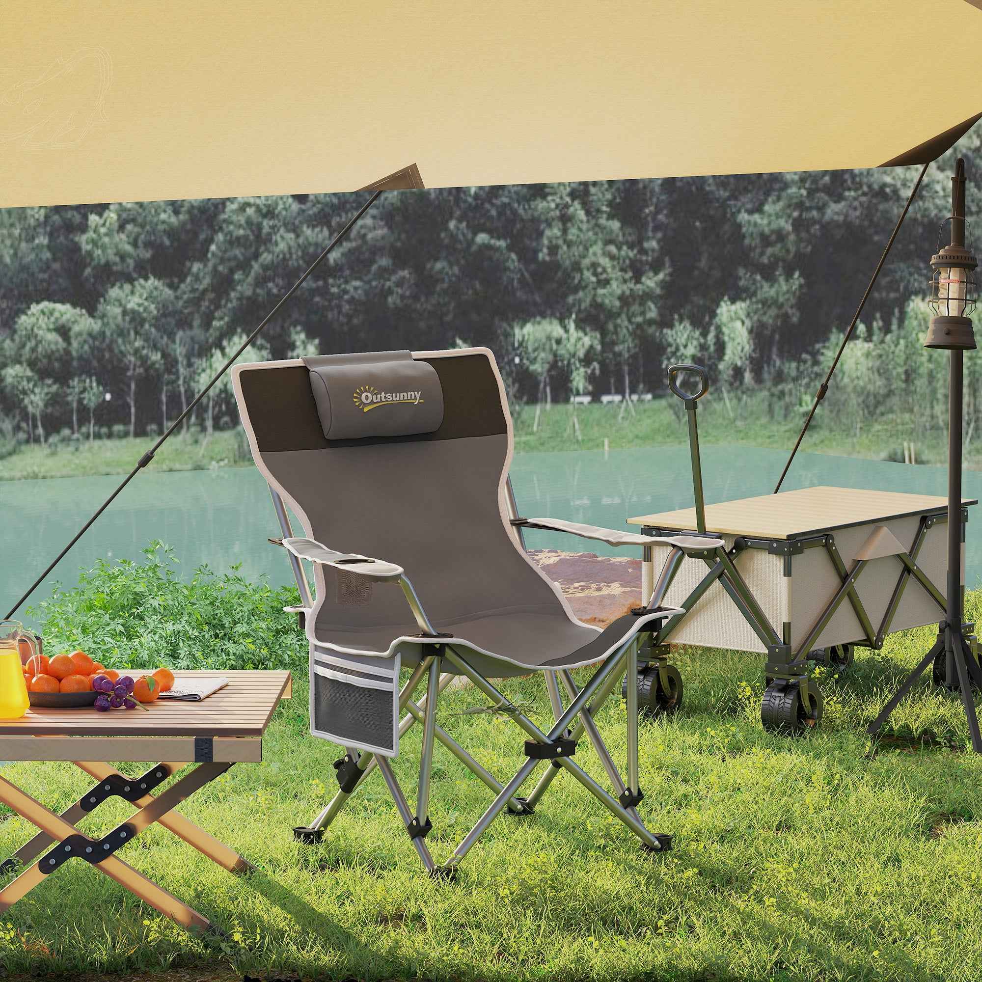 Outsunny Folding Camping Chair with Detachable Footrest, Cup Holder and Side Pocket, 82x100x88 cm, Black
