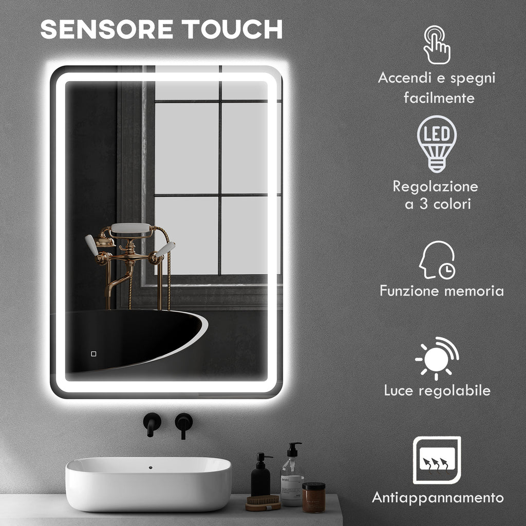 Bathroom Mirror with Touch Switch, 3-Temperature LED Light and Anti-Fog, 70x100cm