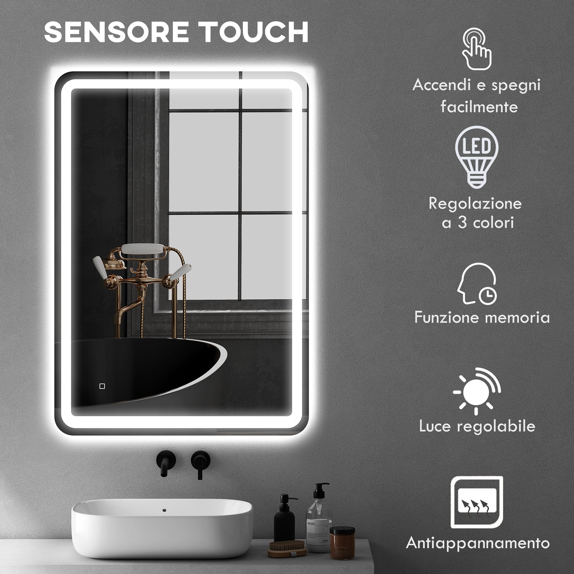 Bathroom Mirror with Touch Switch, 3-Temperature LED Light and Anti-Fog, 70x100cm