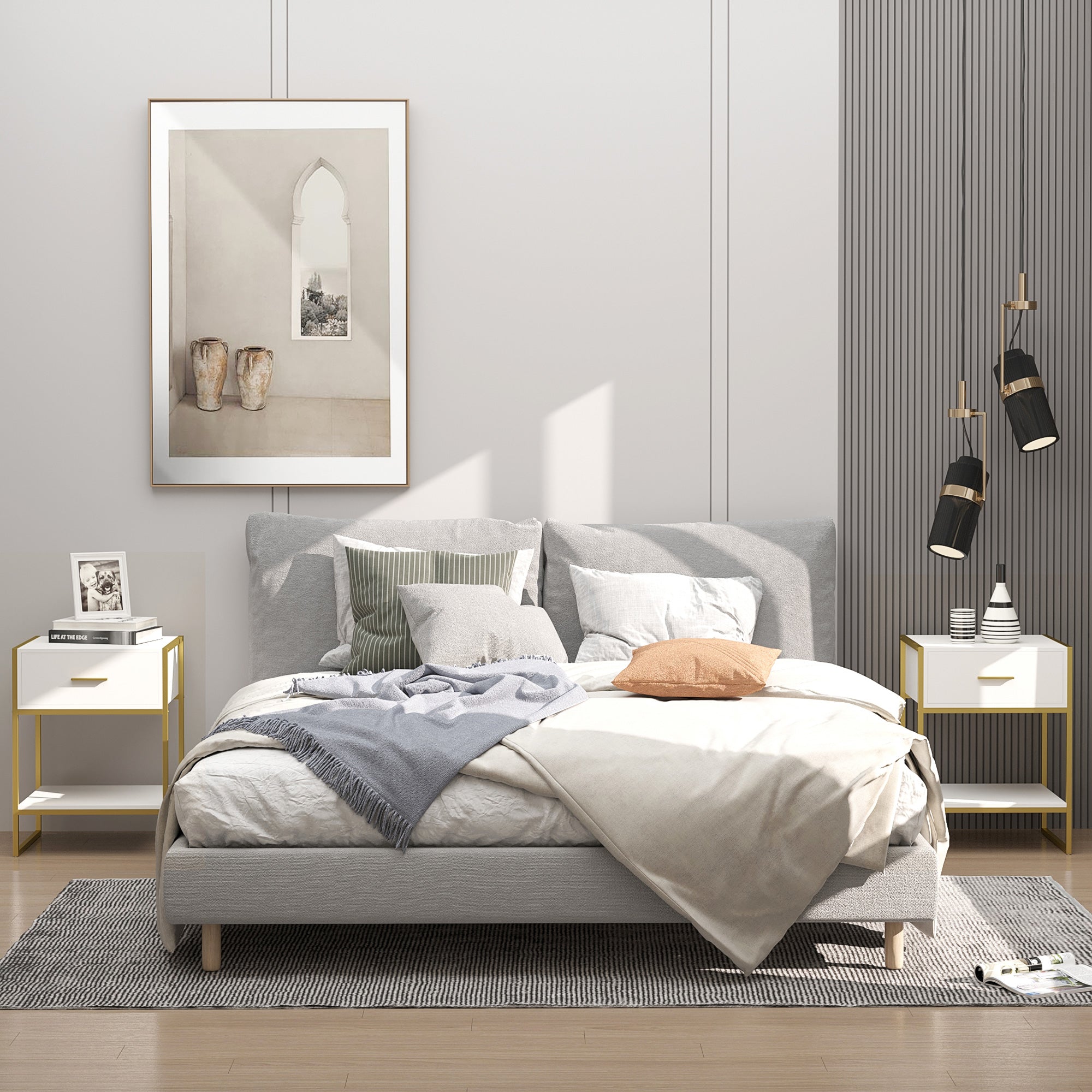 HOMCOM Set of 2 Modern Bedside Tables with Drawer and Open Shelf in MDF and Steel, 45x40x60cm, White and Gold - Borgè