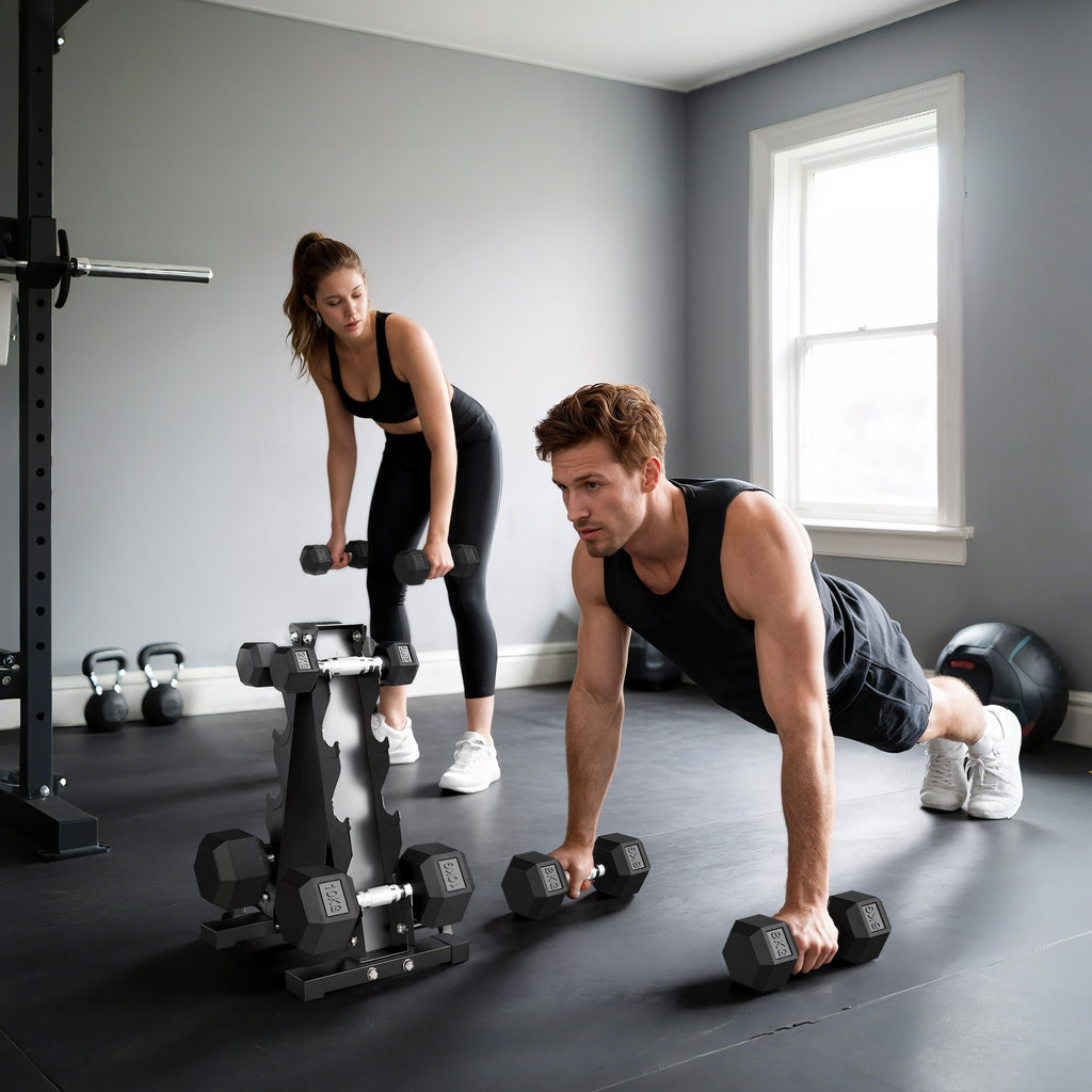 Hex Dumbbell Set with Stand and Non-Slip Grip, 2x2kg, 2x5kg, 2x8kg, 2x10kg, Black