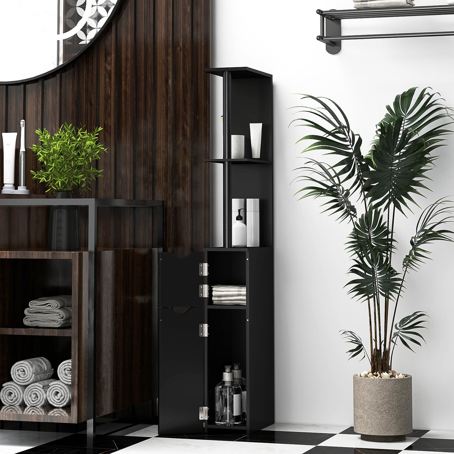 Bathroom Column with 2 Shelves and 2 Cabinets, Space-Saving Tall Cabinet 15.2x29.8x118 cm, Black