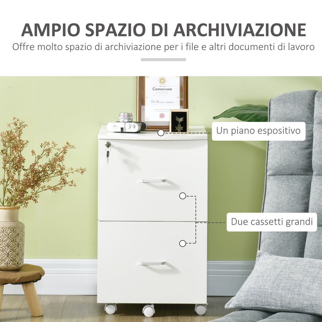 Office Cabinet with 2 Drawers and 5 Wheels, MDF and Chipboard File Cabinet, 43x45x72 cm, White