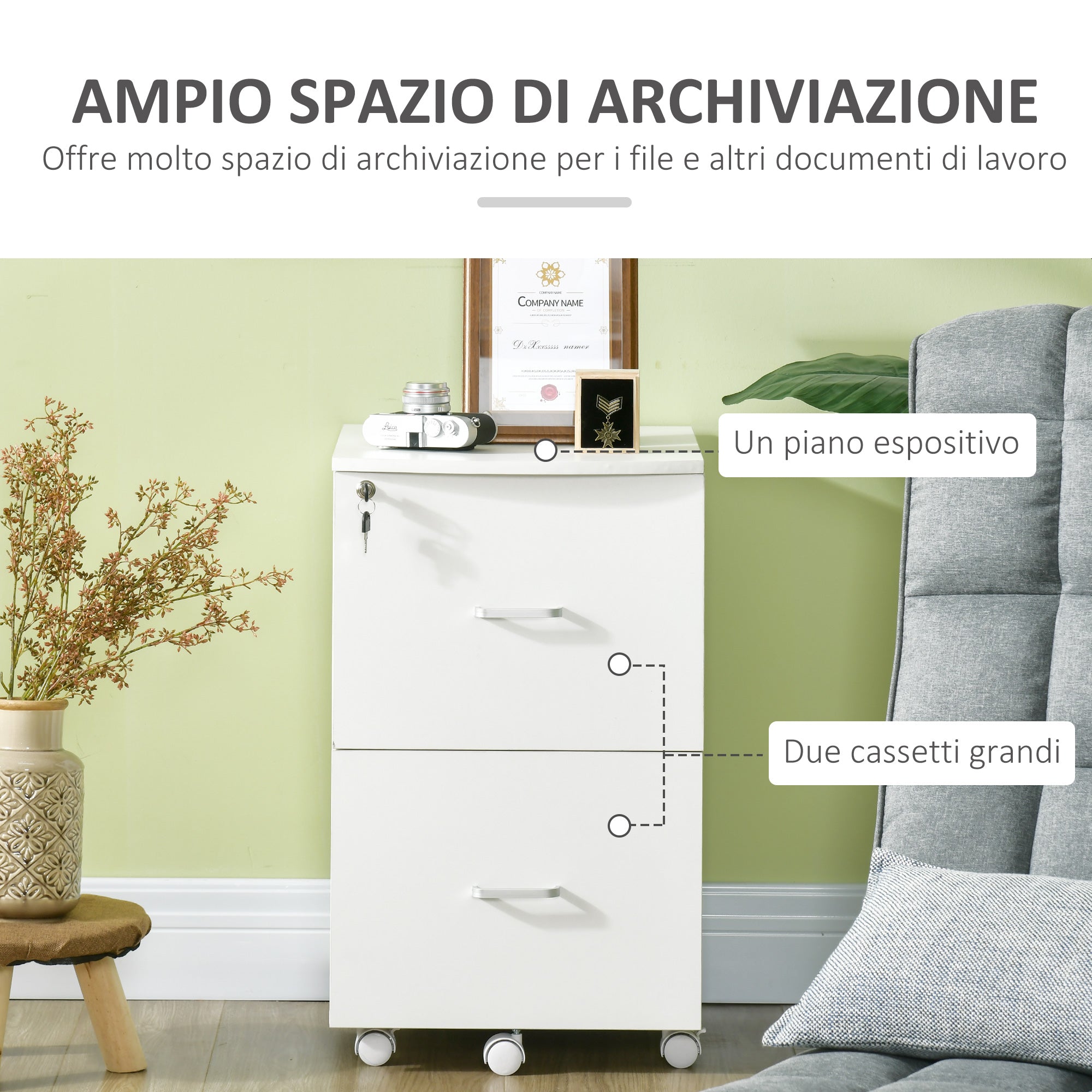 Office Cabinet with 2 Drawers and 5 Wheels, MDF and Chipboard File Cabinet, 43x45x72 cm, White