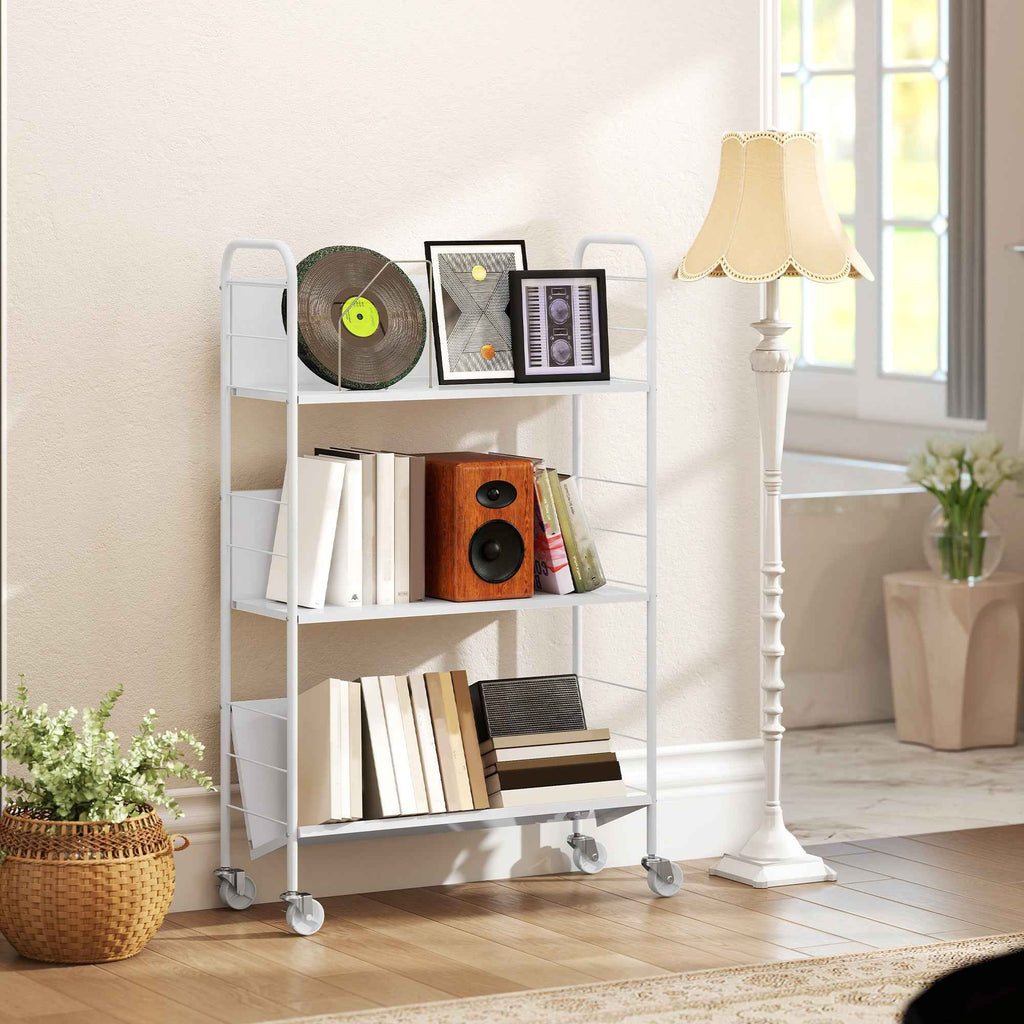 HOMCOM Modern 3-Tier Book Cart with Swivel Wheels for Books and Magazines, 69x26x108 cm, White