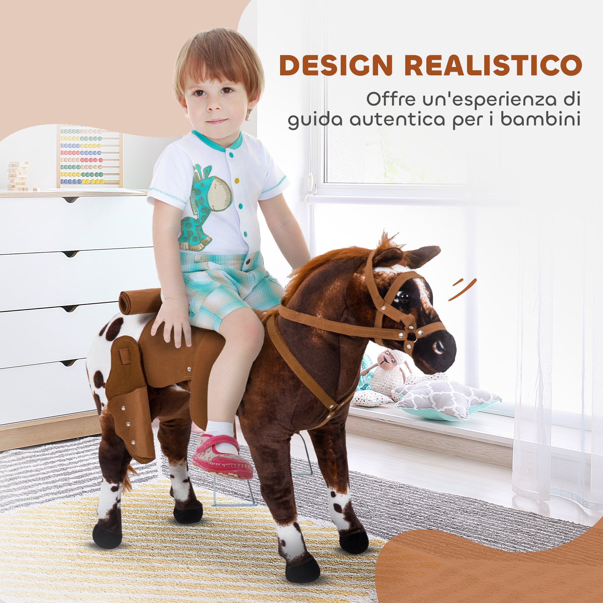 Rocking Horse for Children 2+ Years with Nitrite, Saddle and Stirrups, Plush and Metal, 85x28x60 cm, Brown