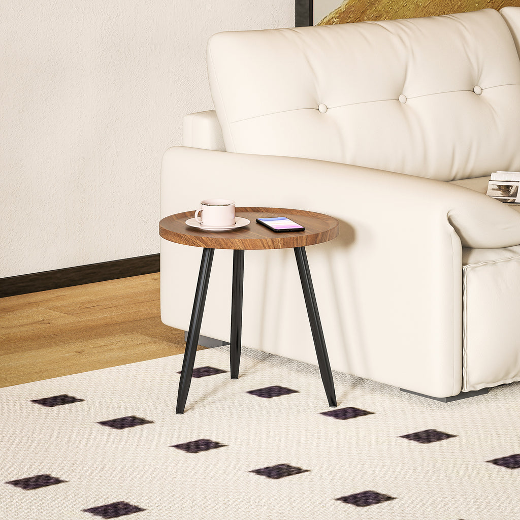 Round Coffee Table with Raised Edge and 3 Legs, in Wood and Steel, Ø40x39 cm, Black and Wood Color