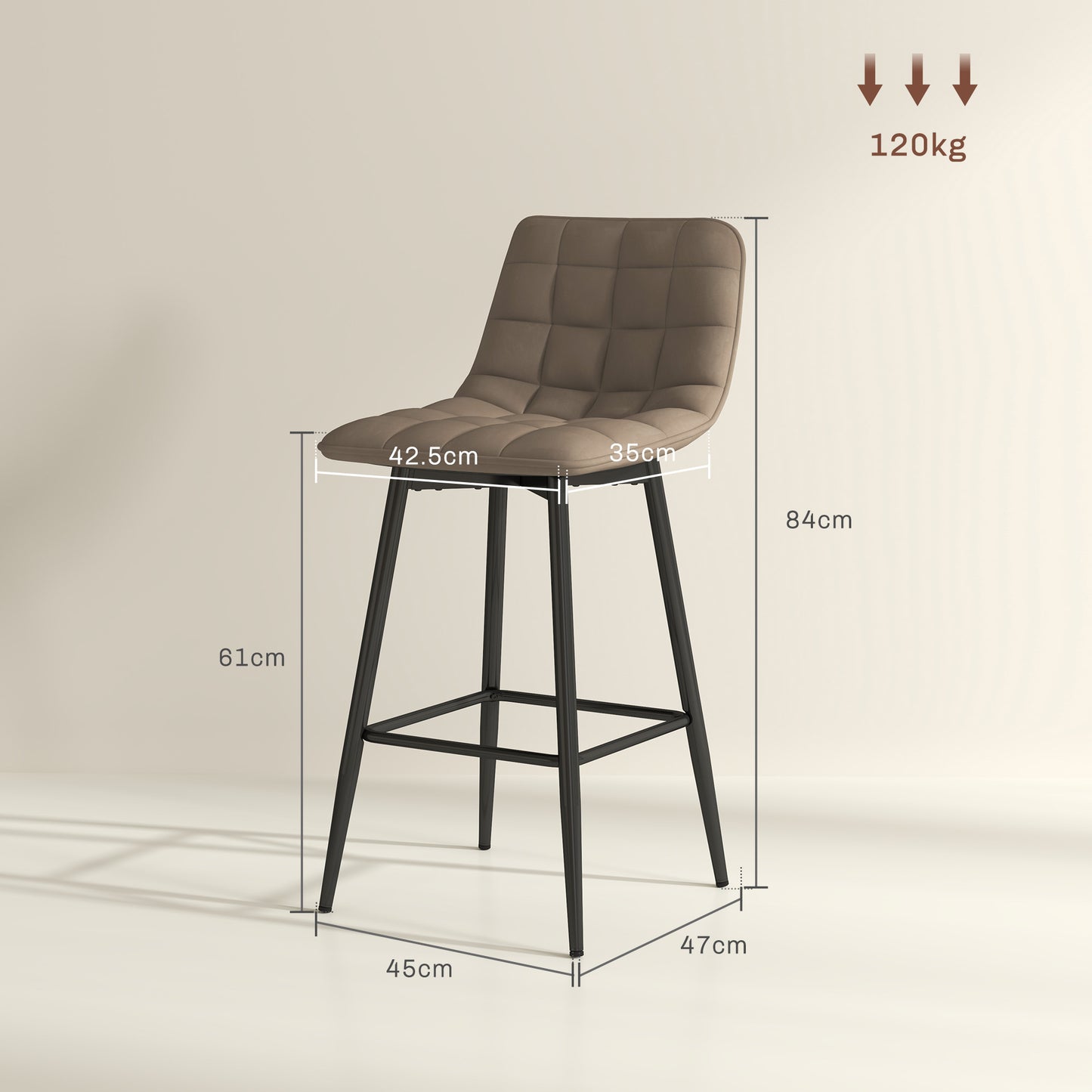 Set of 2 Nordic Style Kitchen Stools in Velvet and Metal Effect Fabric, 45x47x84 cm, Brown