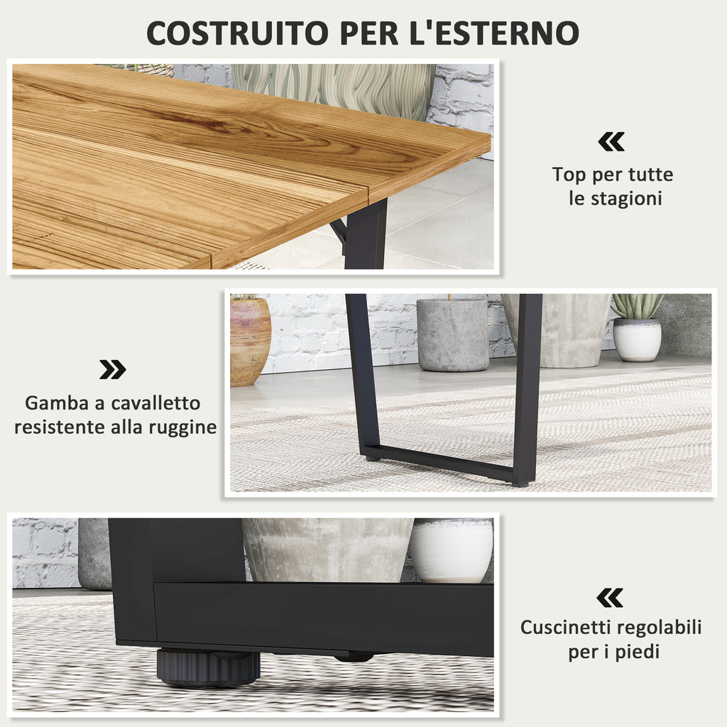6 Seater Rectangular Garden Table with Umbrella Hole, Wood and Steel, 175x80x75 cm, Brown