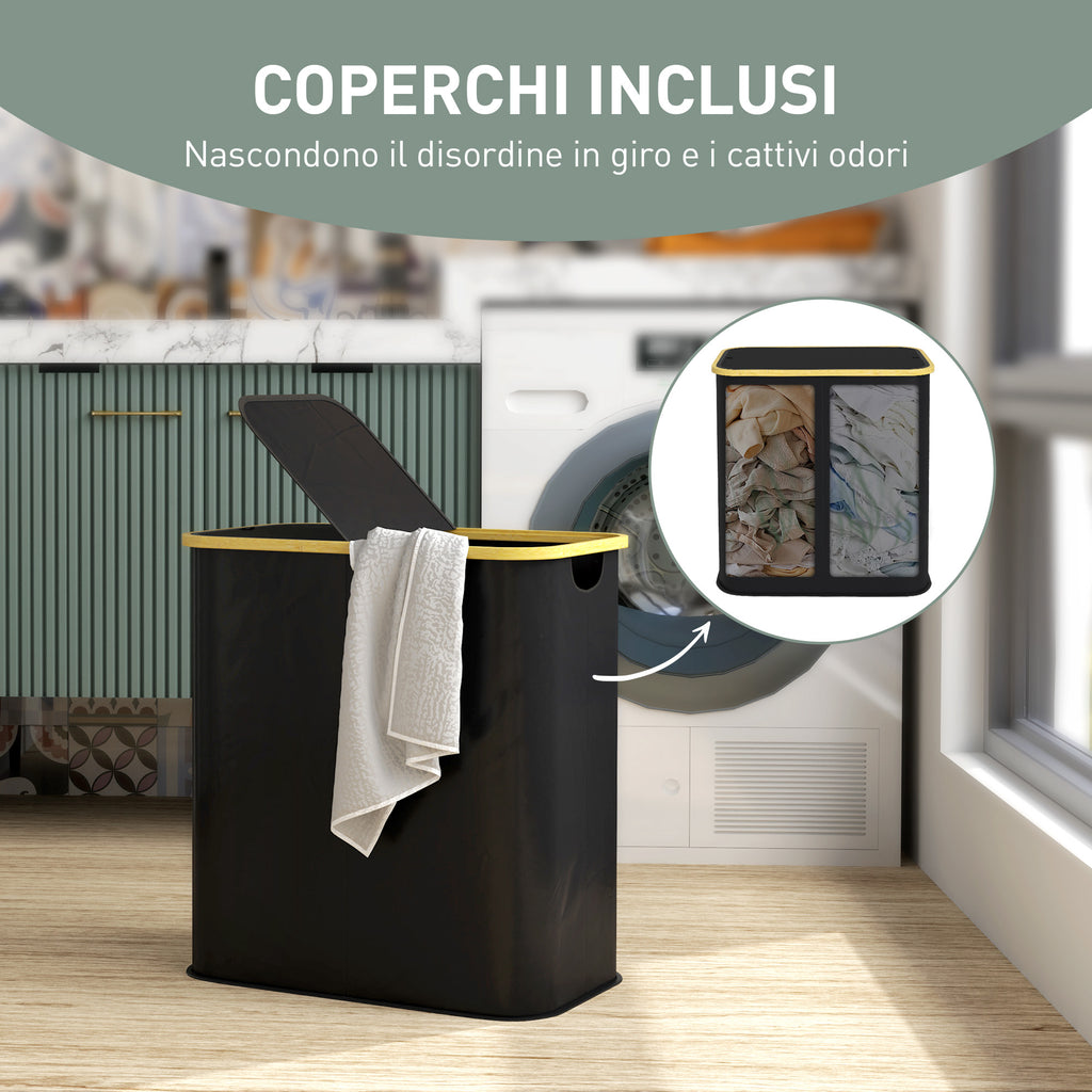 Laundry Basket 80L 2-Section with Lid, Non-Woven and Bamboo, 54x34x58.5 cm, Black
