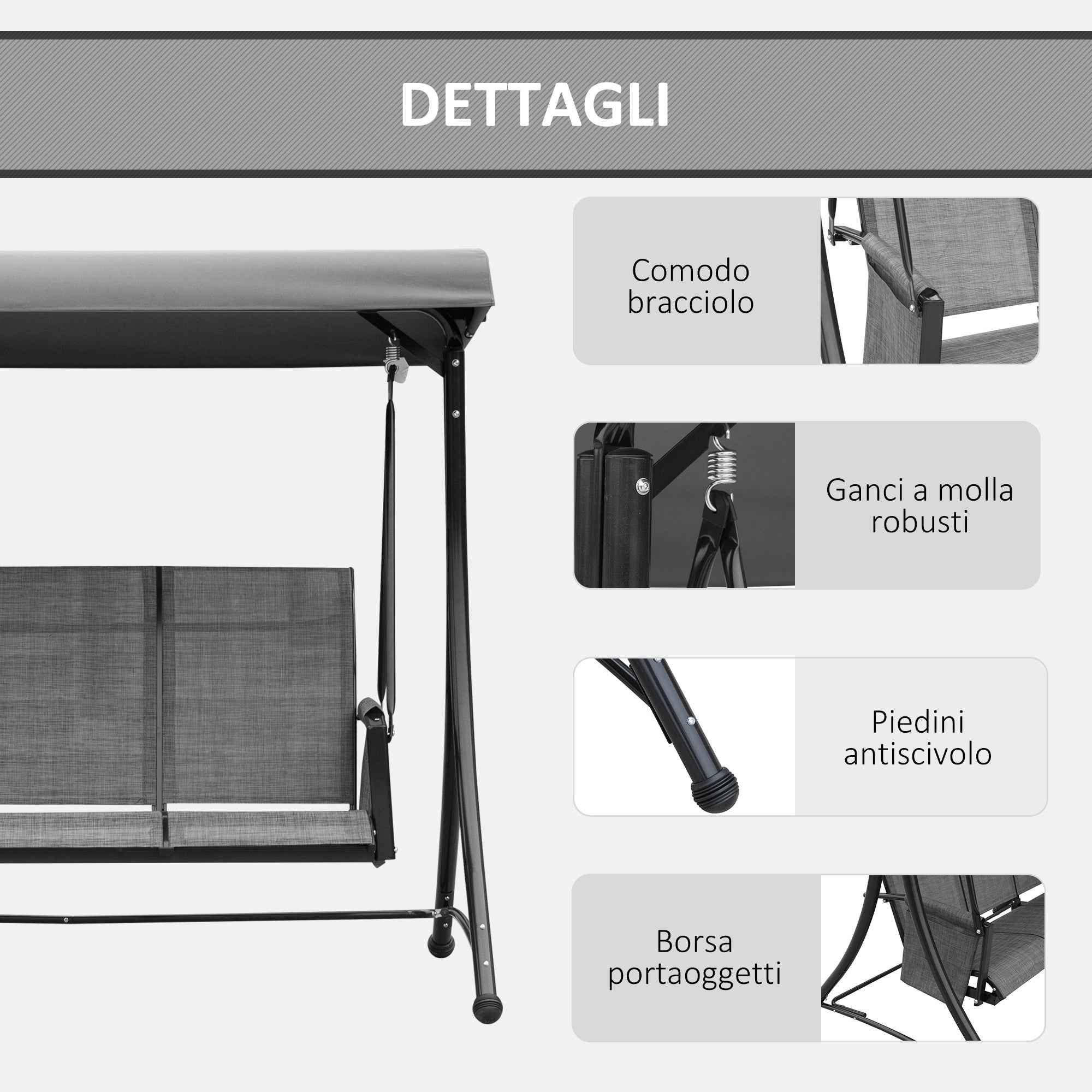 Outsunny 3-Seater Garden or Terrace Swing with Adjustable Canopy and Storage Pockets, Dark Grey, 196 x 128 x 172 cm