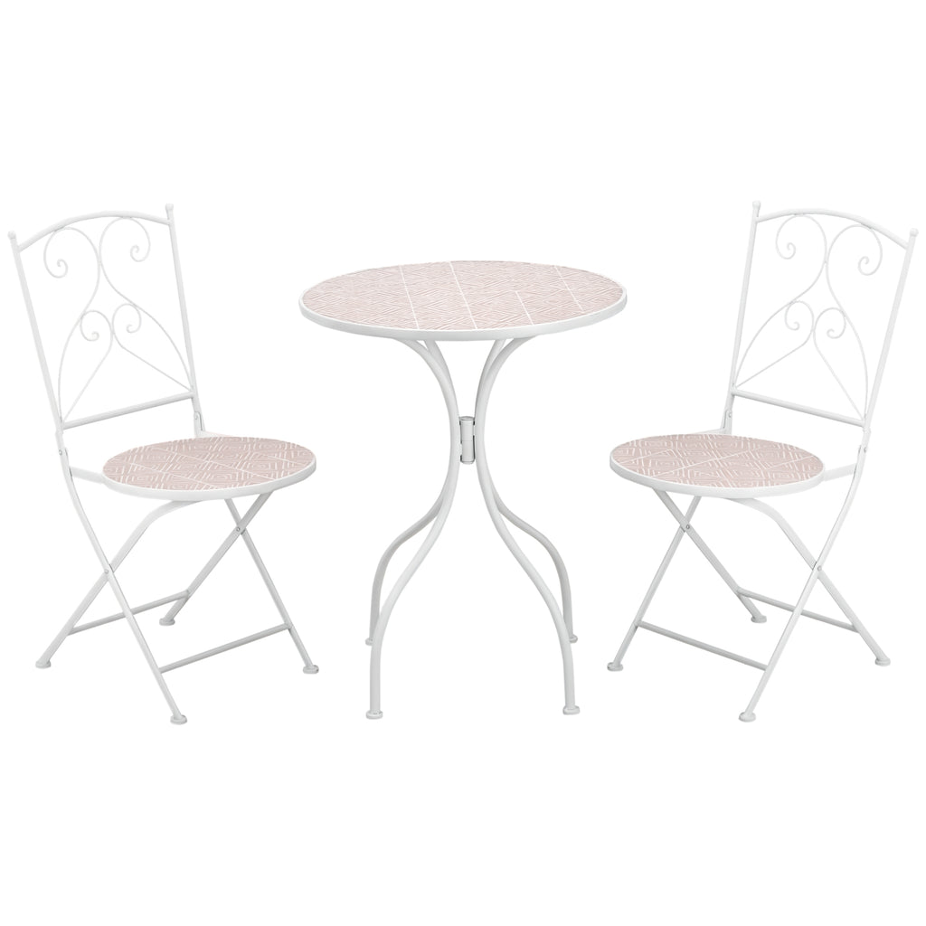 3-Piece Garden Set with 2 Folding Chairs and 1 Mosaic Table, White