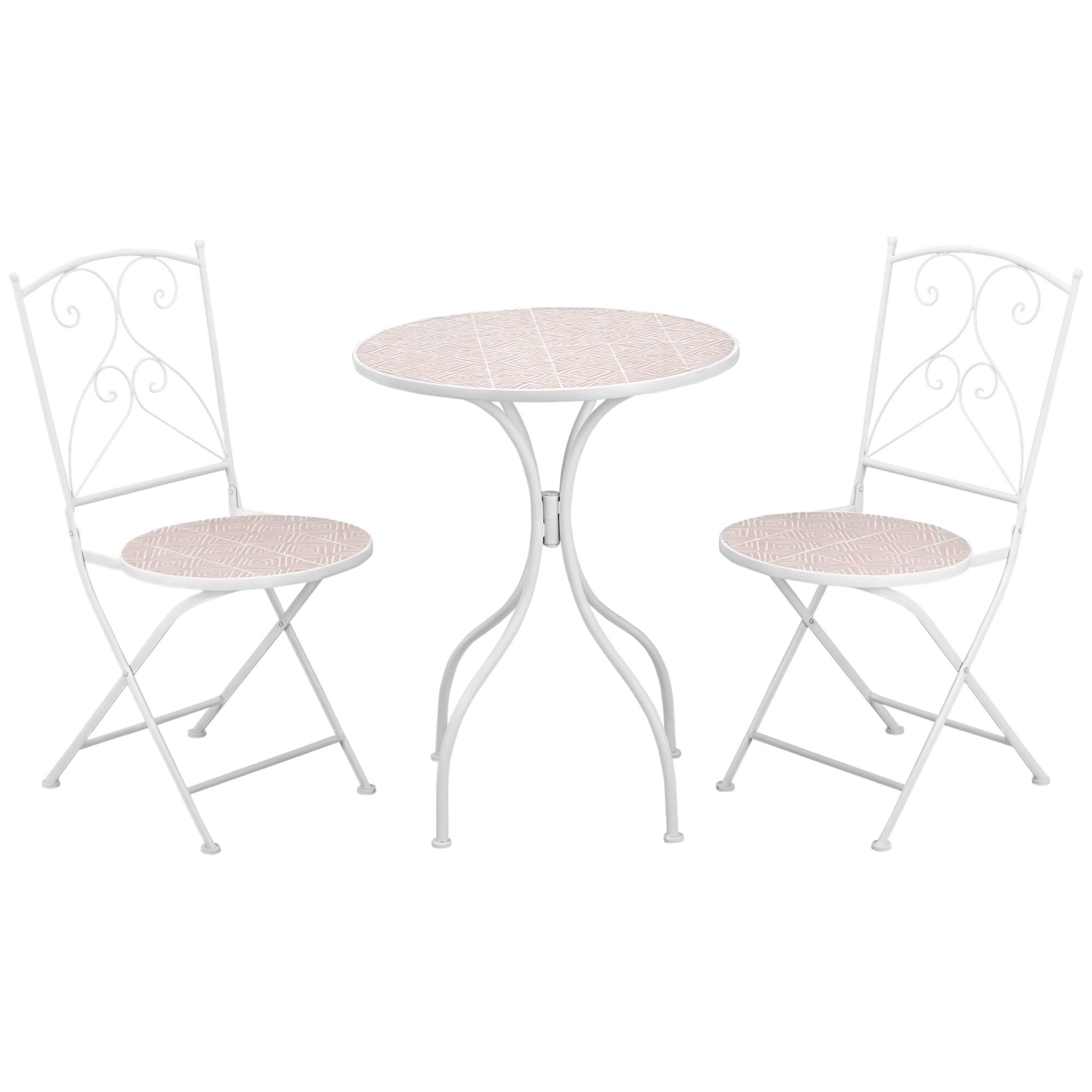 3-Piece Garden Set with 2 Folding Chairs and 1 Mosaic Table, White
