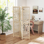 3-Panel Folding and Separable Wooden Room Divider, Leaf Design, 120x170 cm, Wood Color