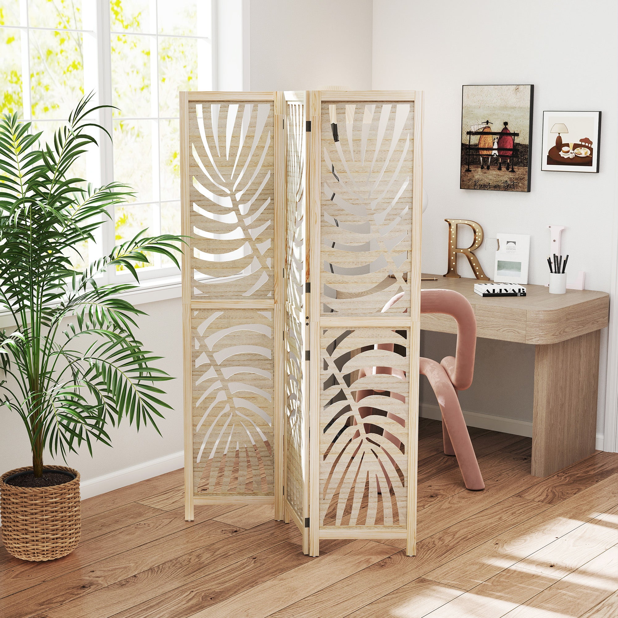 3-Panel Folding and Separable Wooden Room Divider, Leaf Design, 120x170 cm, Wood Color