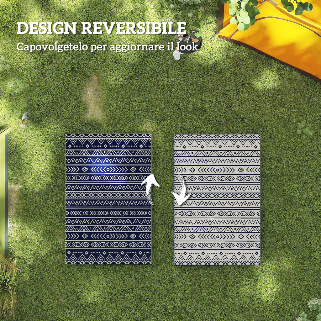 Reversible Geometric Style Outdoor Rug with Carry Bag, 182x274 cm, Blue and White