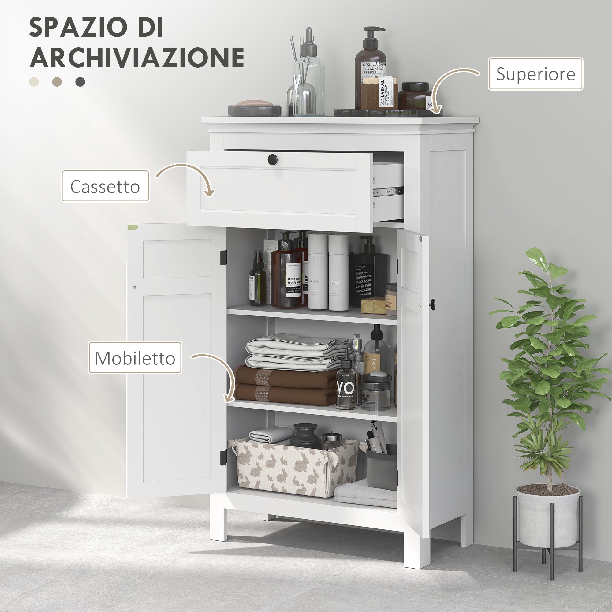 Bathroom Cabinet with 2 Doors and Drawer, Space-Saving Bathroom Cabinet with Adjustable Shelves, 60x30x102.5 cm, White