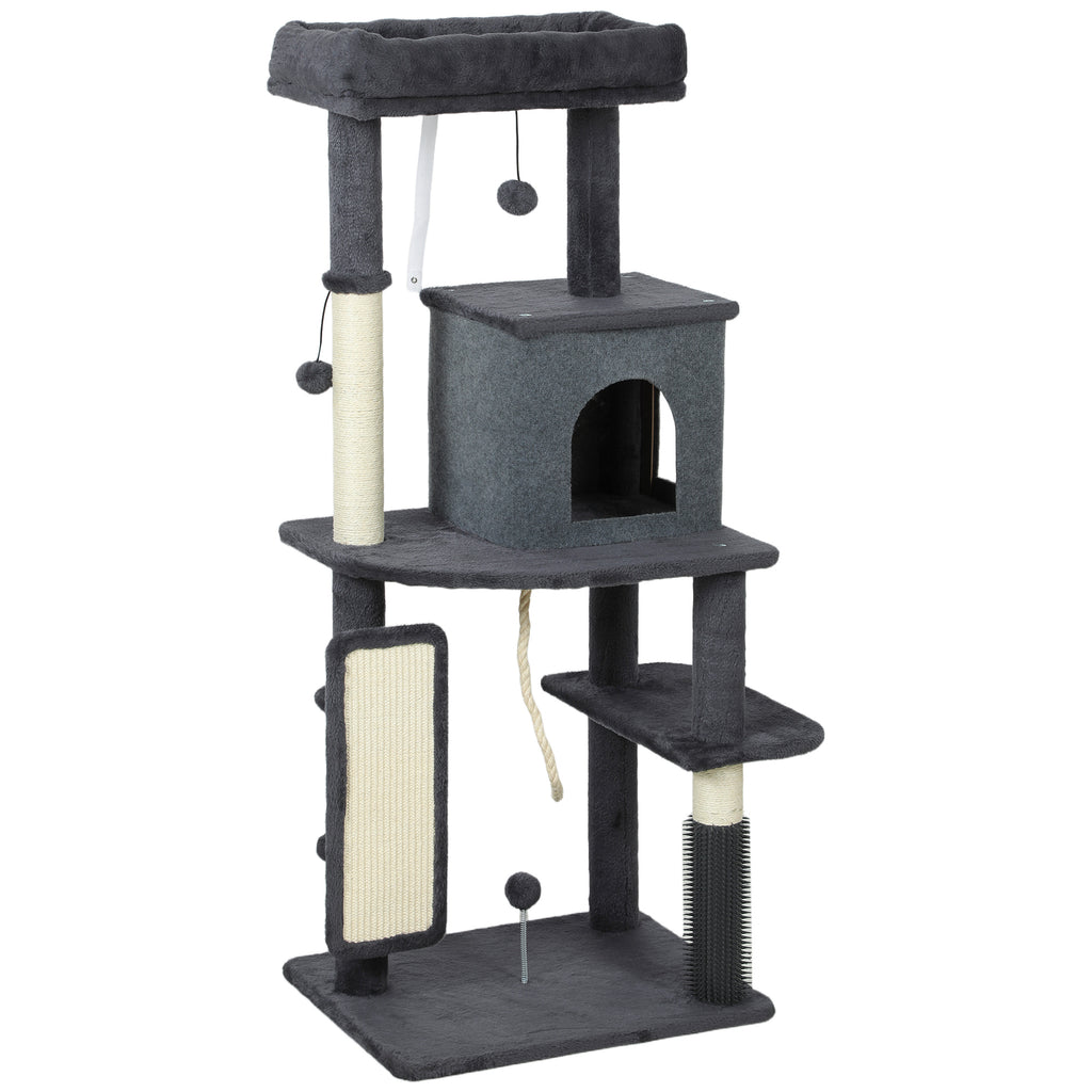 PawHut Multi-Level Cat Tree, 132 cm Tall, with House, Bed, Scratching Posts, Brush and Ball, Dark Grey
