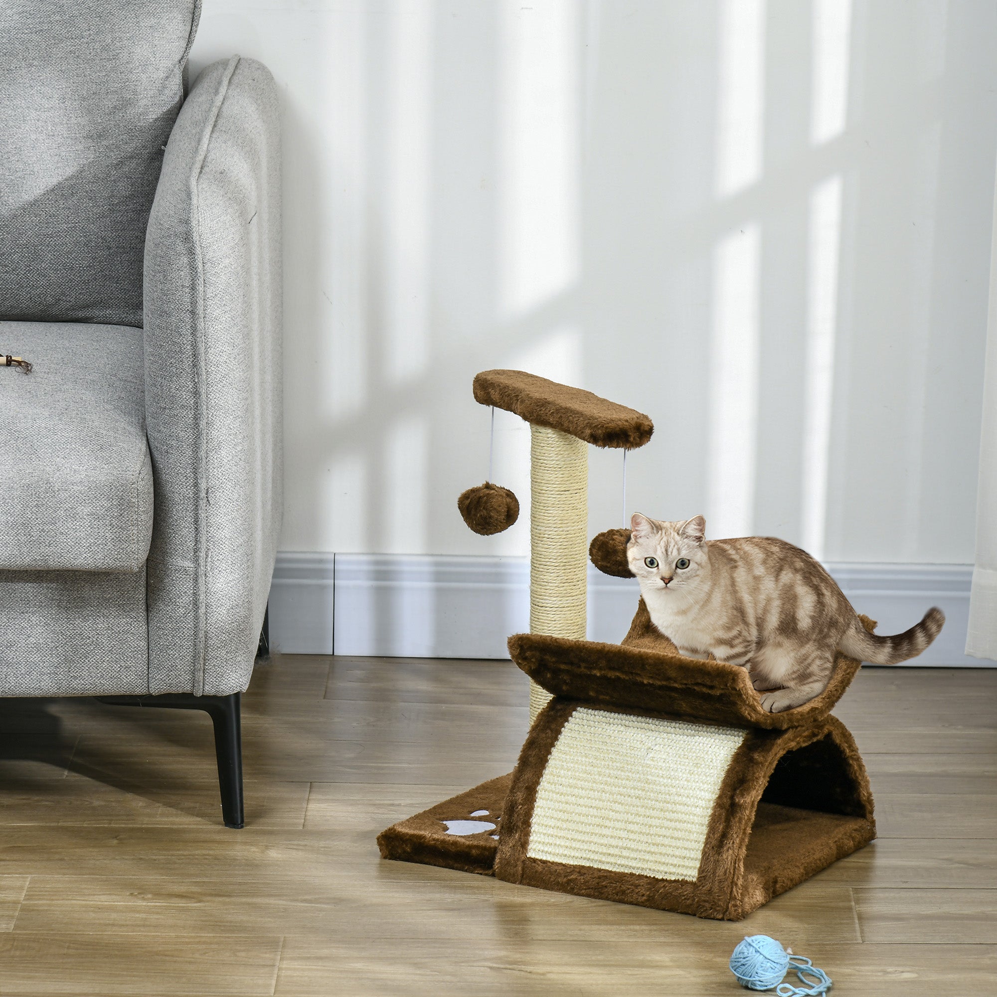 Cat Scratching Post, Cat Tree, Cat Toy, with Bed, 2 Hanging Balls in Natural Sisal, Height 43cm