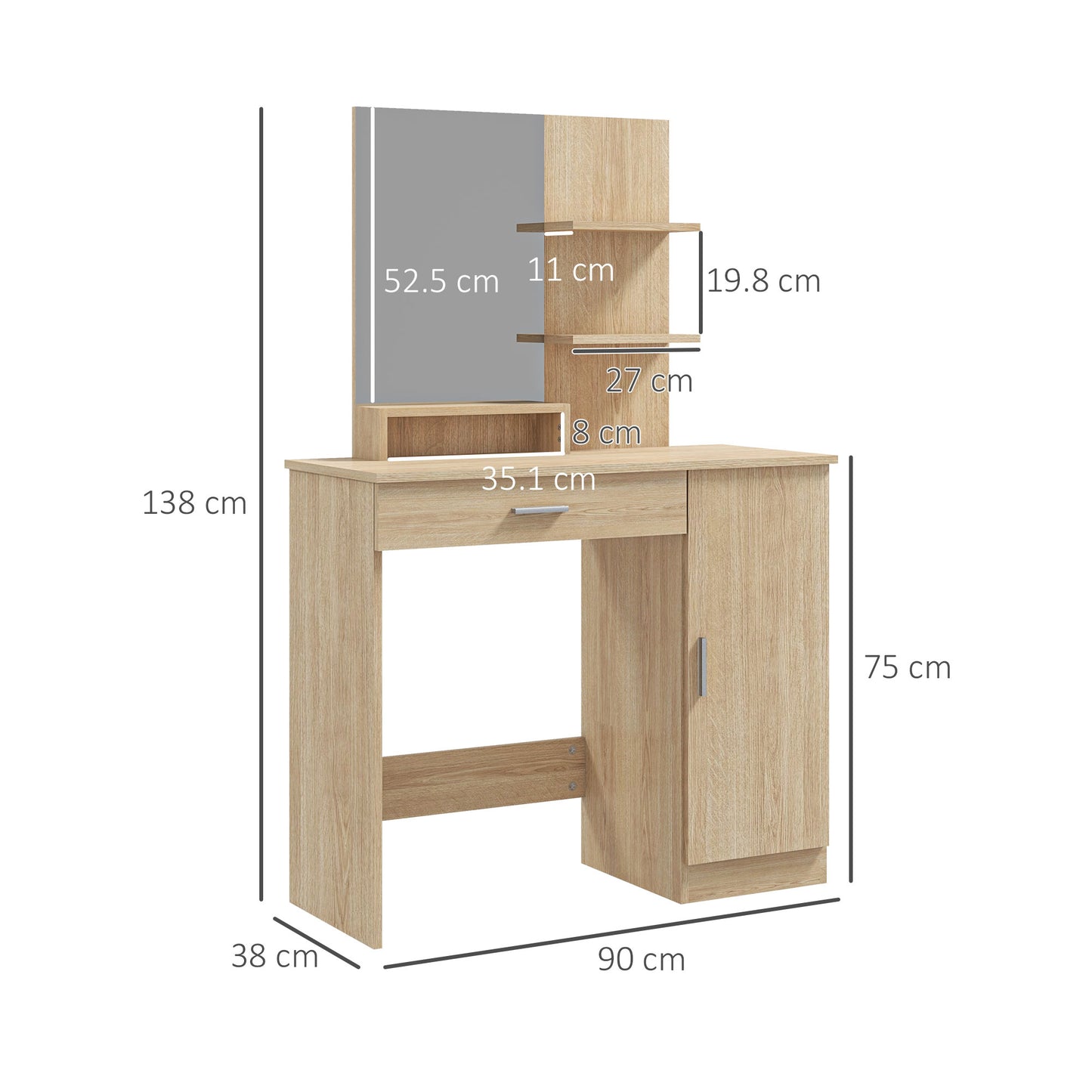 Makeup Table with Cabinet, Drawer, Open Shelves and Mirror, 90x38x138 cm