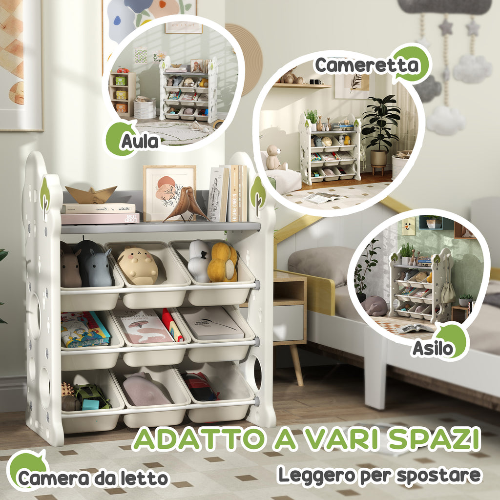 4-Tier Toy Storage Rack with 9 Bins and Side Hook, HDPE, 77x42x94 cm, Cream White