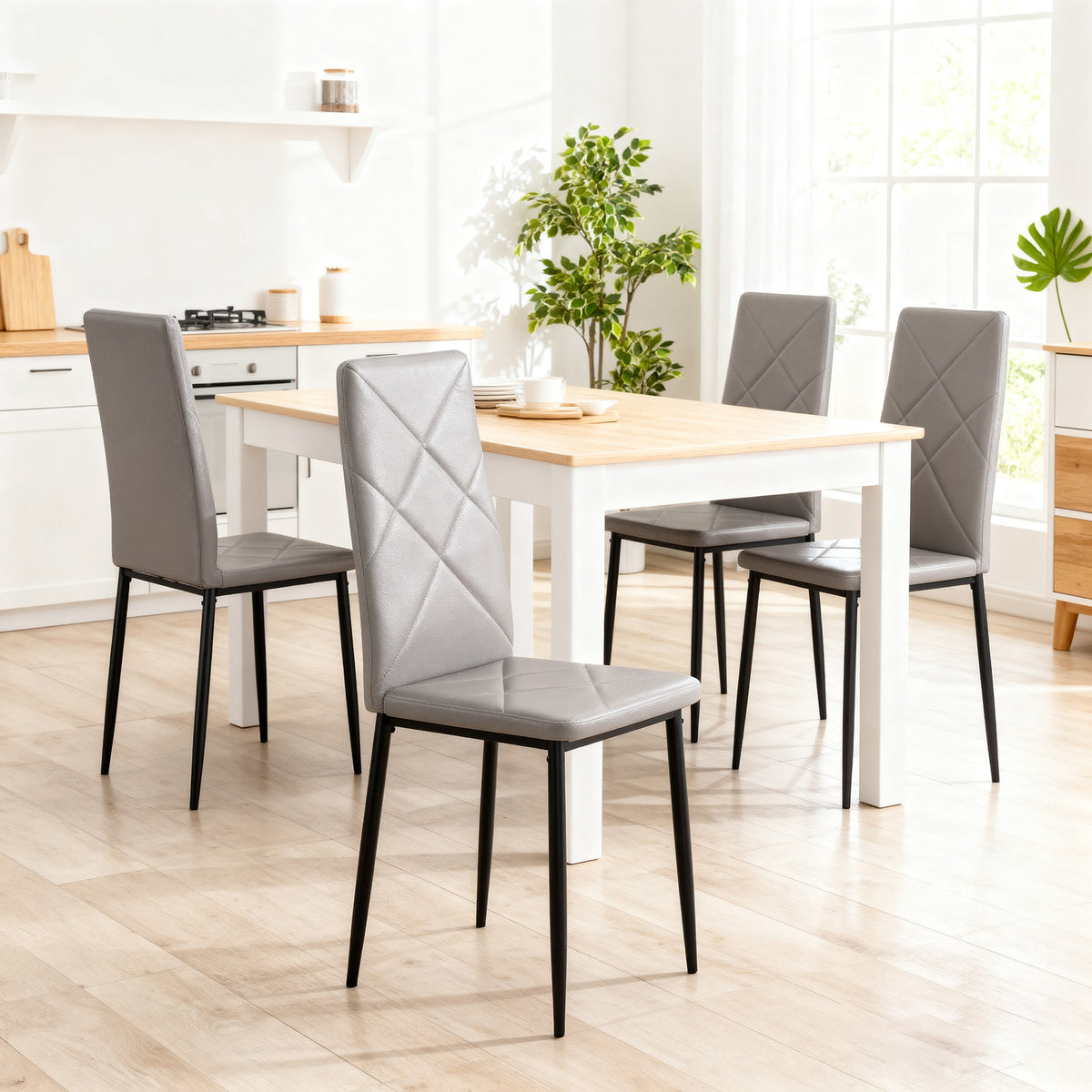 Set of 4 High-Back Dining Chairs in Faux Leather and Steel, 41x50x97cm, Grey
