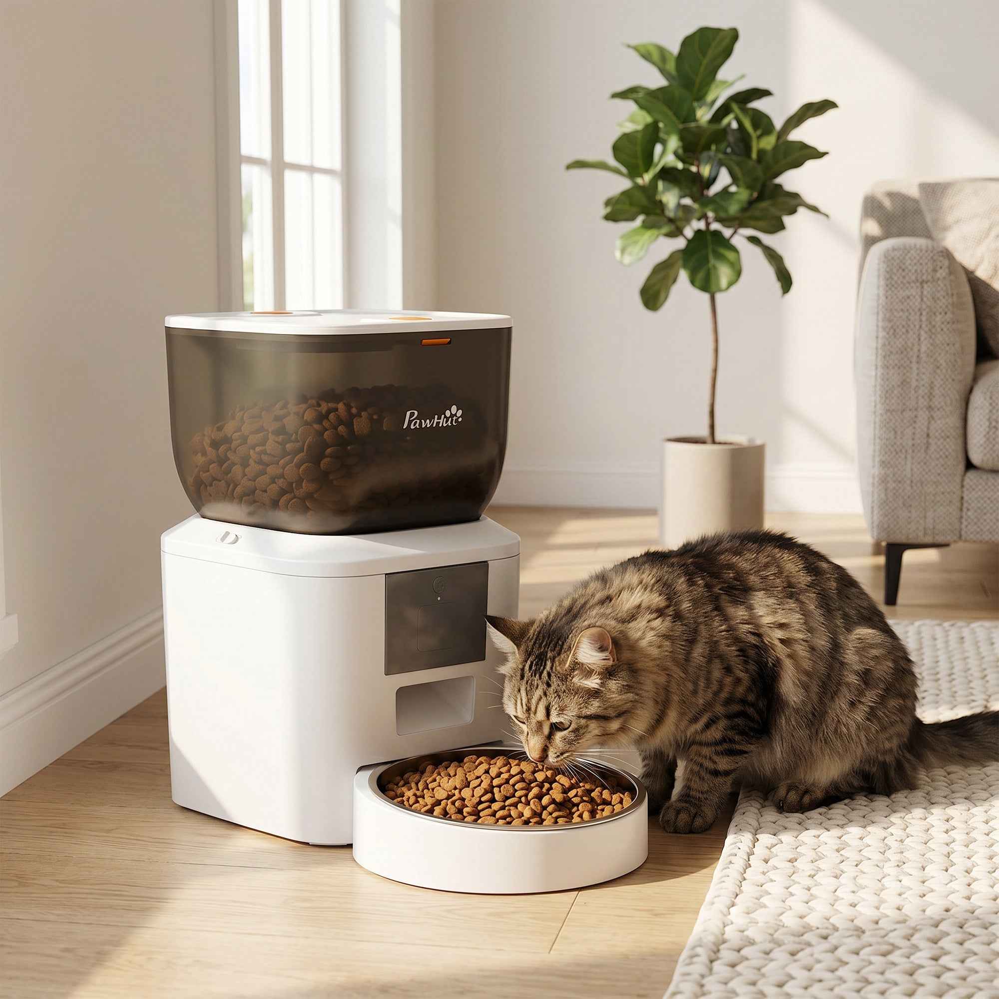 PawHut 4L Automatic Cat Food Dispenser, WiFi 2.4G, App Control with 10s Recording, Bowl, White