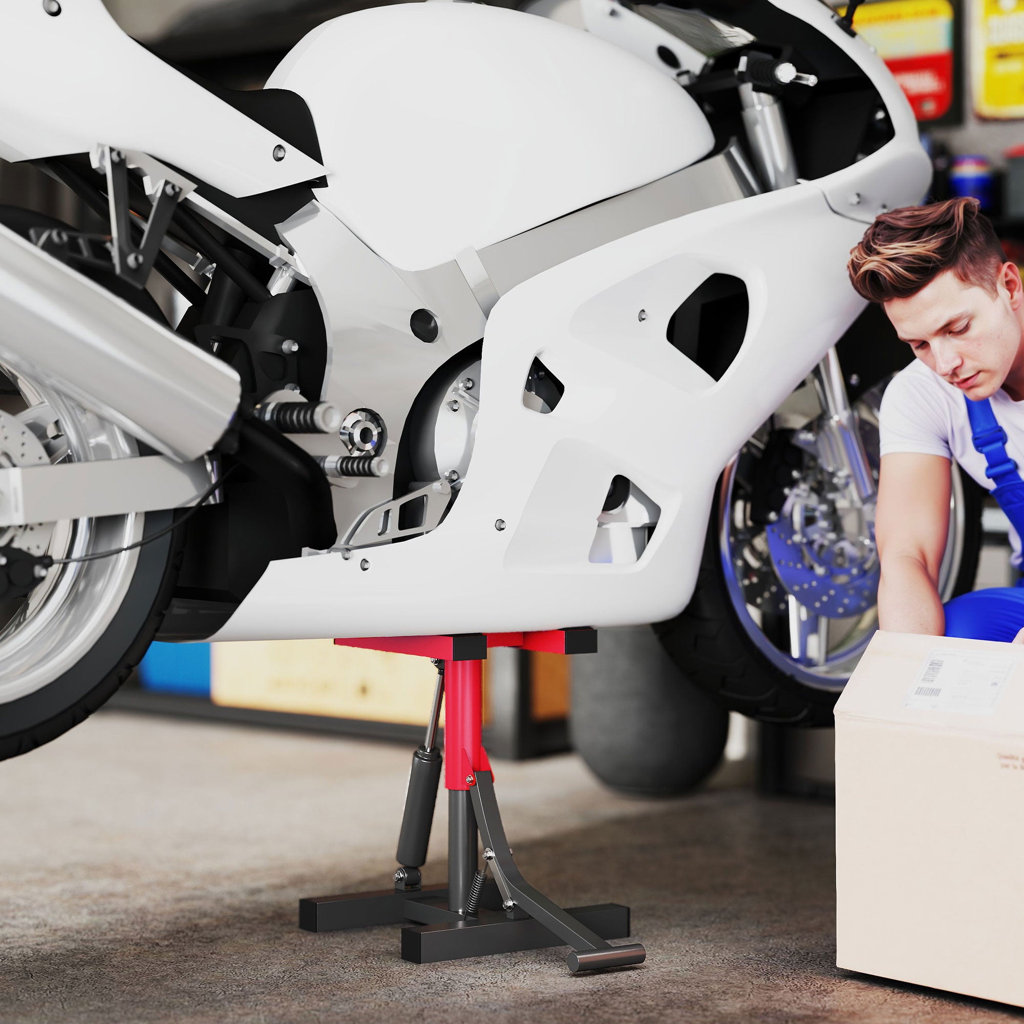 Steel Motorcycle Stand, 150kg Capacity, Adjustable Height and Non-Slip Surface, Red