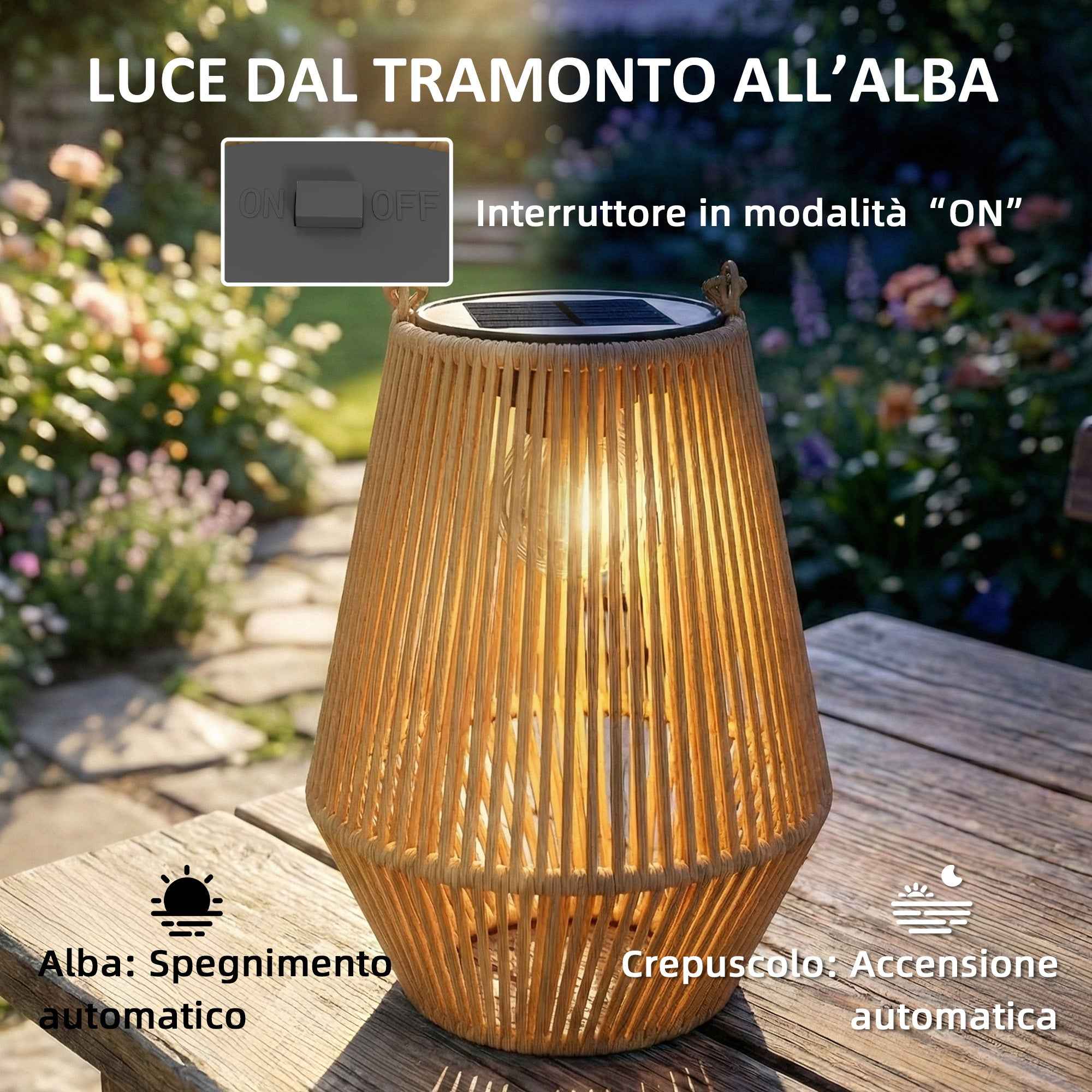 Outsunny Set of 2 Solar Rattan Lamps, with Automatic On/Off, IP44, 16x16x21 cm, Brown