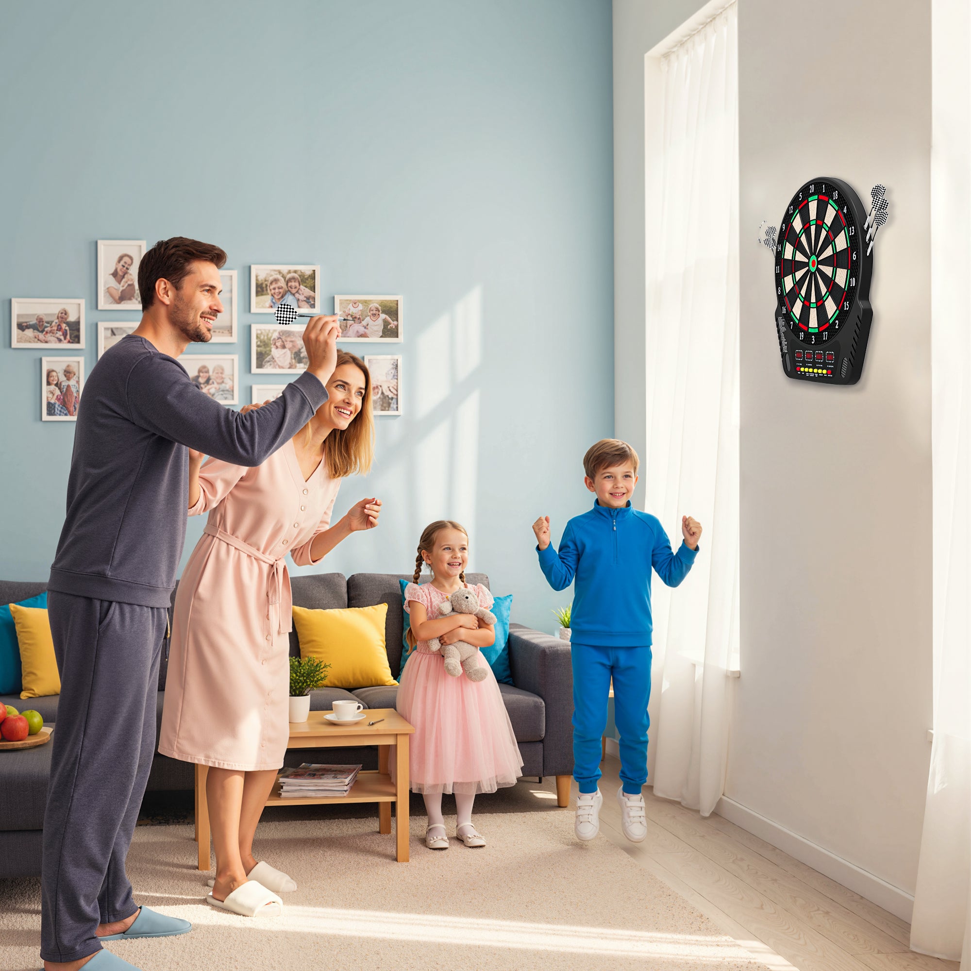 HOMCOM Dartboard with 6 Darts, Power Supply, 4 LED Displays and 27 Games, Made of ABS and PP, 44x51.5x3.2 cm, Black