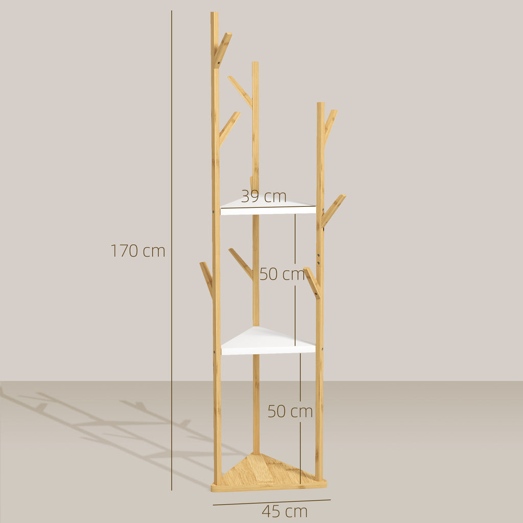Tree Clothes Hanger in Bamboo with 8 Hooks and 3 Shelves, Natural Wood and White