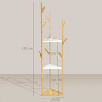 Tree Clothes Hanger in Bamboo with 8 Hooks and 3 Shelves, Natural Wood and White