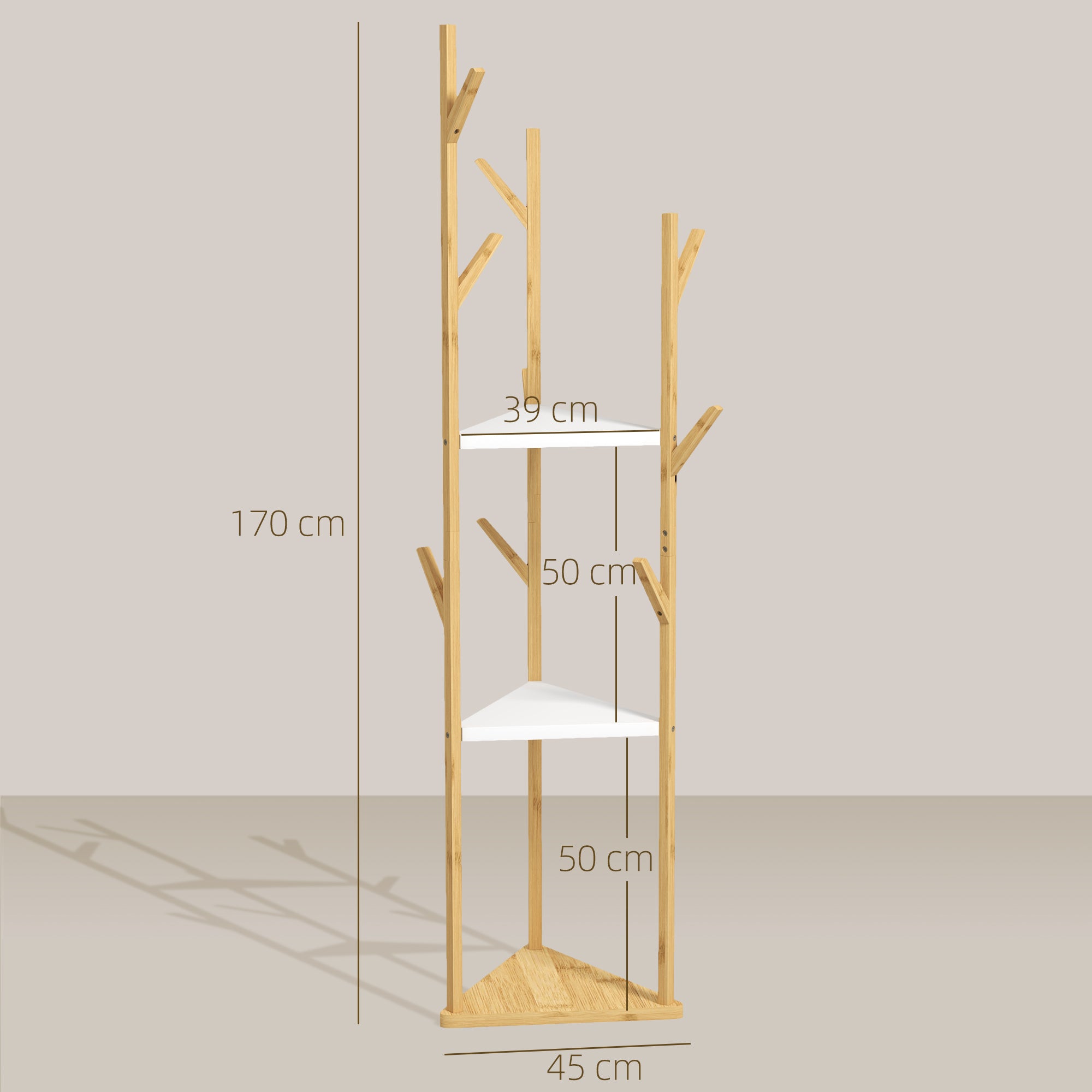 Tree Clothes Hanger in Bamboo with 8 Hooks and 3 Shelves, Natural Wood and White