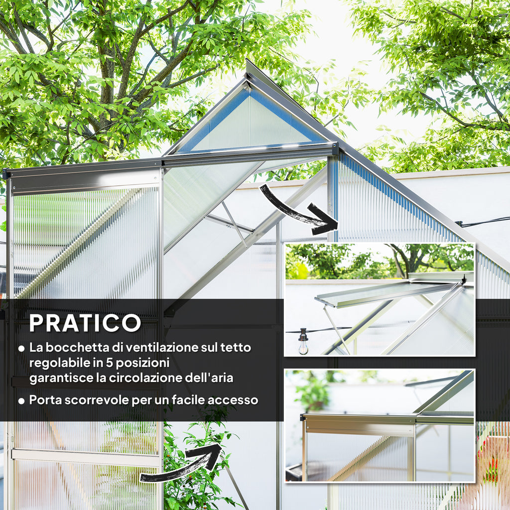 Outsunny Polycarbonate and Aluminum Greenhouse with Hinged Door and Roof Window, 192.5x131x200 cm, Silver