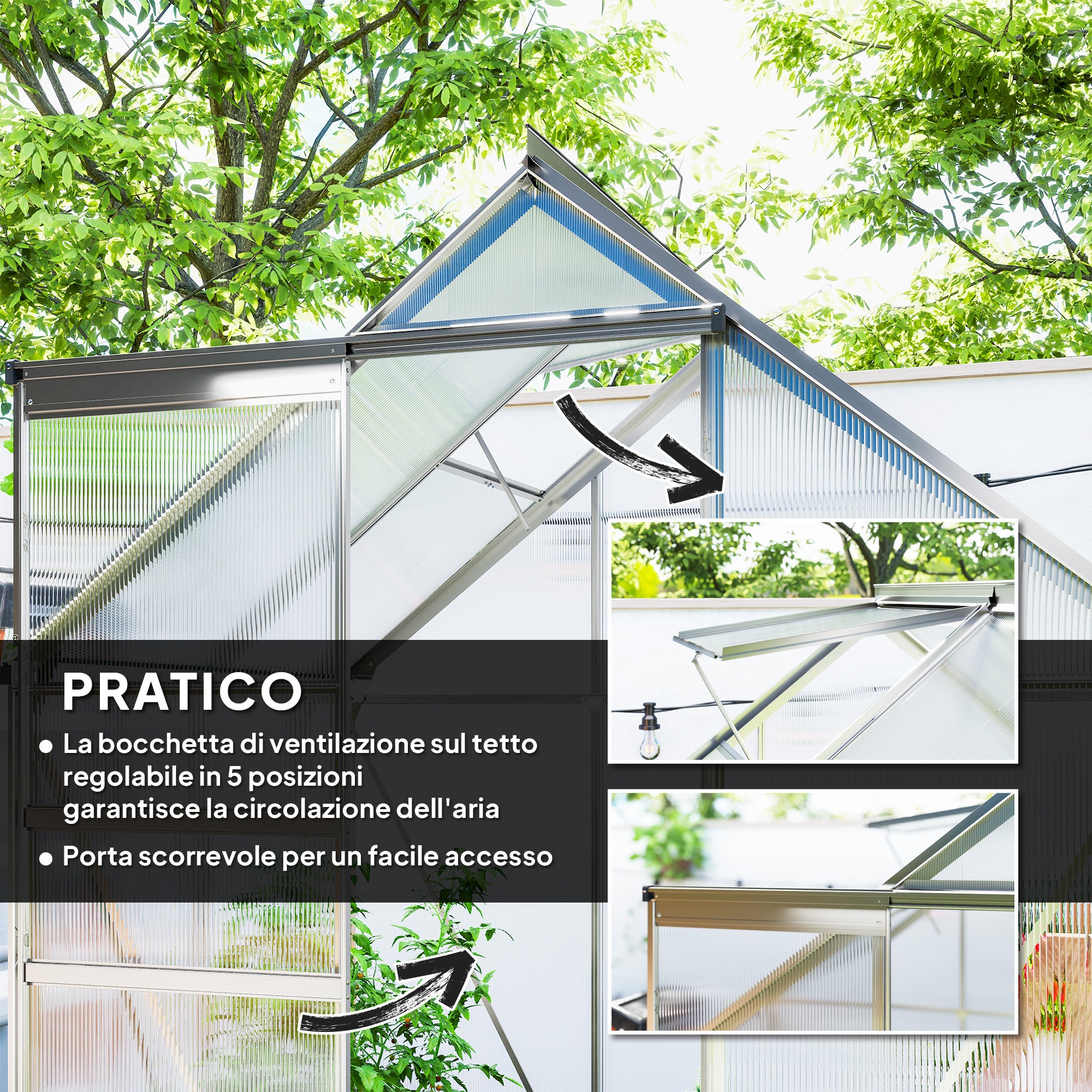 Outsunny Polycarbonate and Aluminum Greenhouse with Hinged Door and Roof Window, 192.5x131x200 cm, Silver