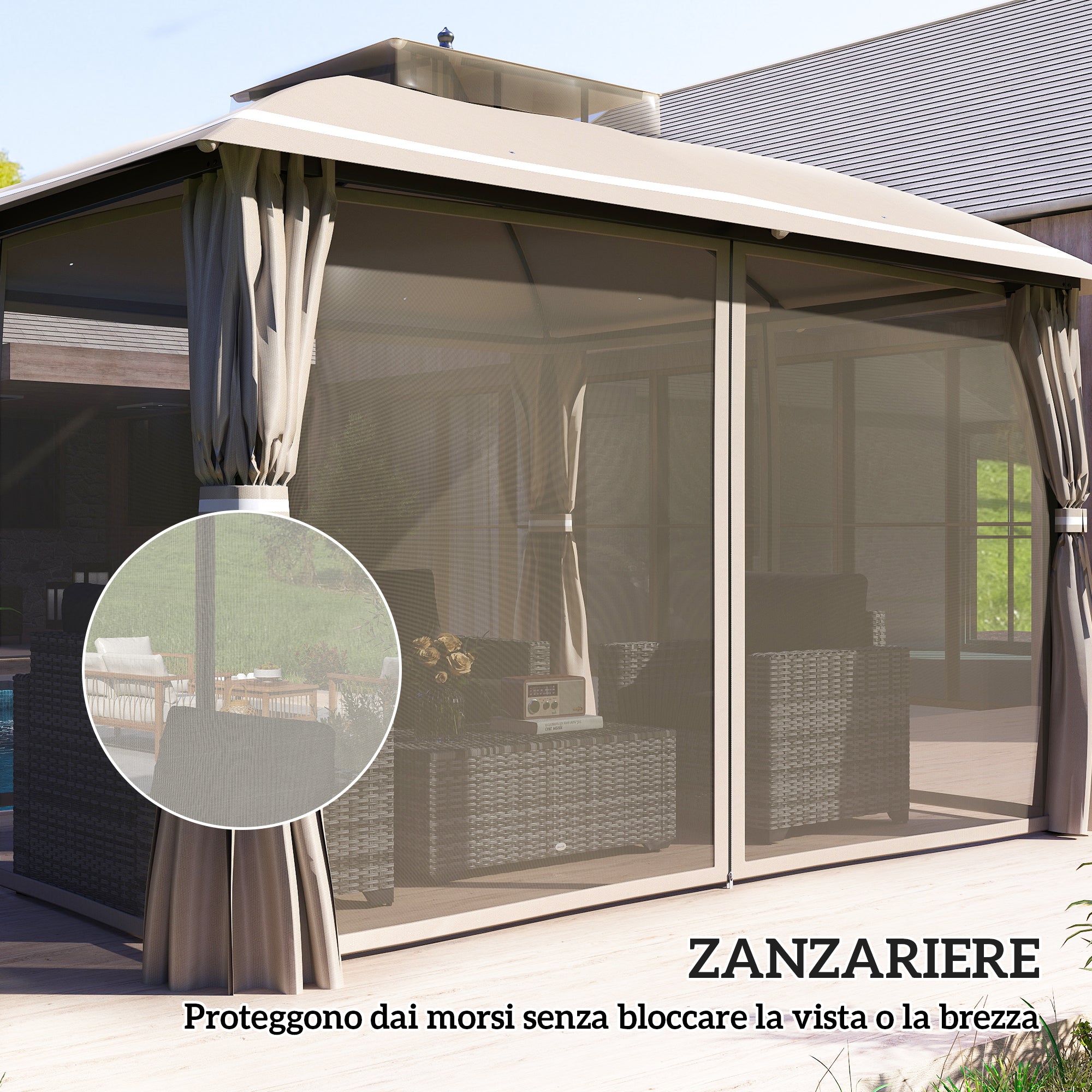 Garden Gazebo 3.7 x 3 m with Mosquito Net, Side Curtains and Double Roof, Beige