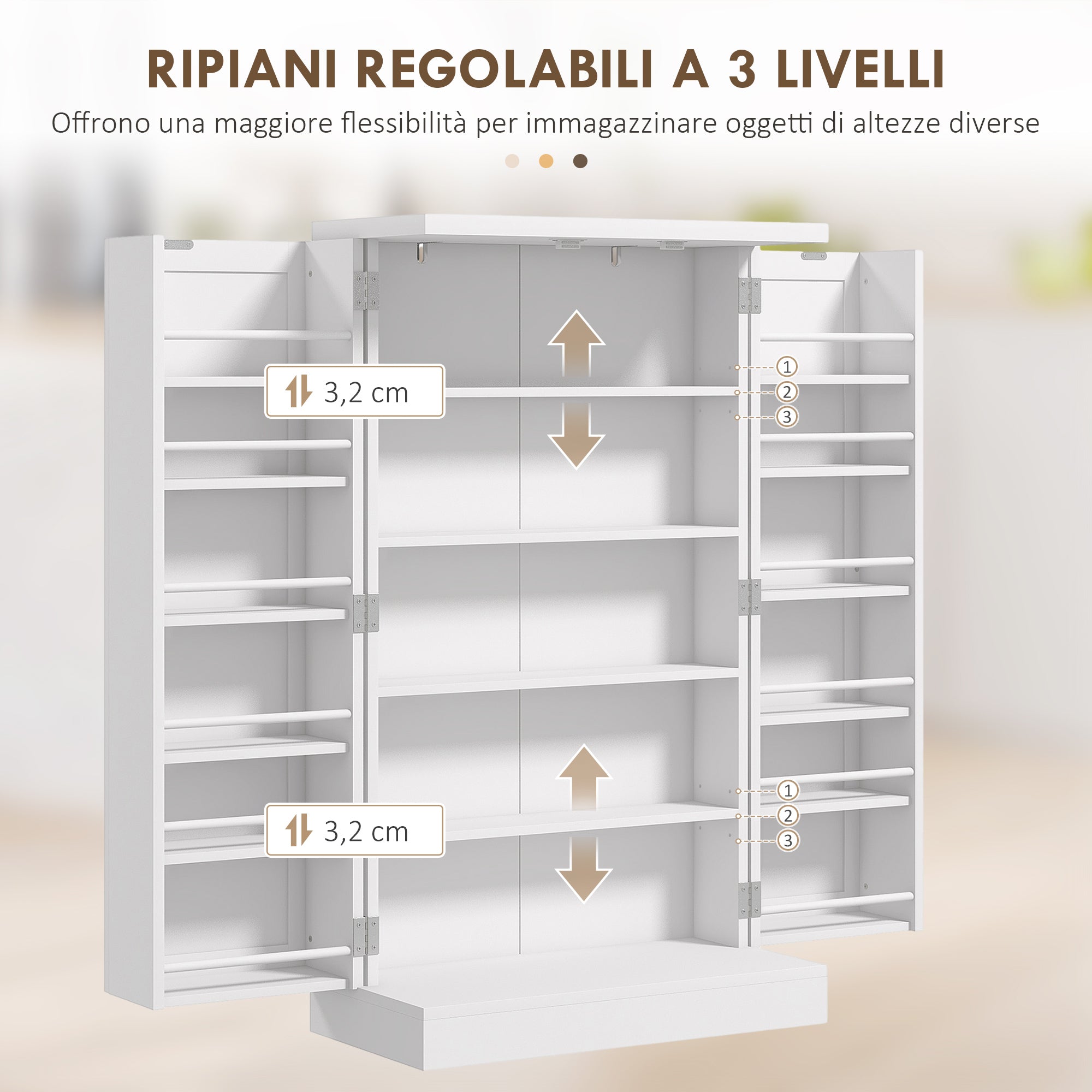 HOMCOM Kitchen Cabinet with 5 Central Shelves and 2 Side Shelves at 6 Levels, in MDF, 60x30x104 cm, White - Borgè