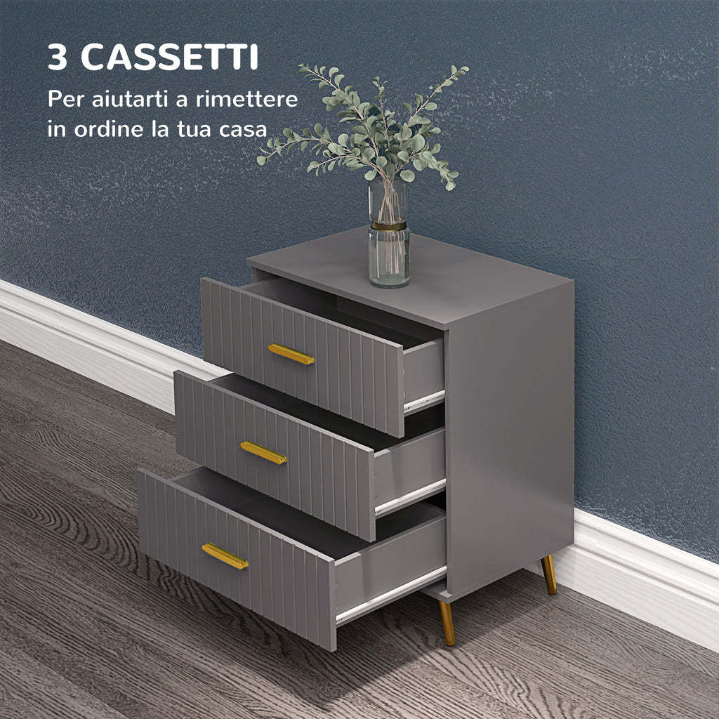 Modern 3 Drawer Chest of Drawers in Wood and Aluminum, 60x40x71.5 cm, Gold and Dark Grey