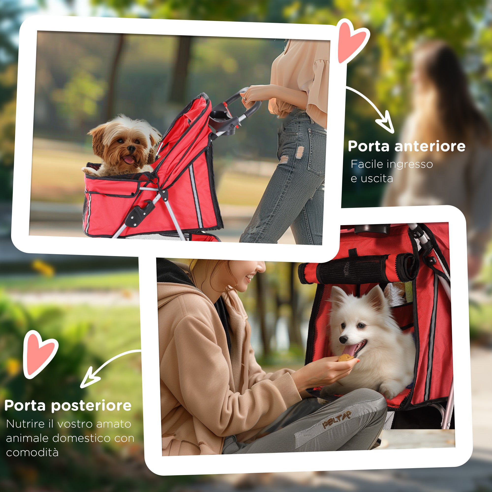 Folding Dog Stroller for Small Dogs, Dog Pushchair with Braked Wheels, Cup Holder, Storage Basket and Removable and Washable Padding, for Pets up to 10 kg, Red