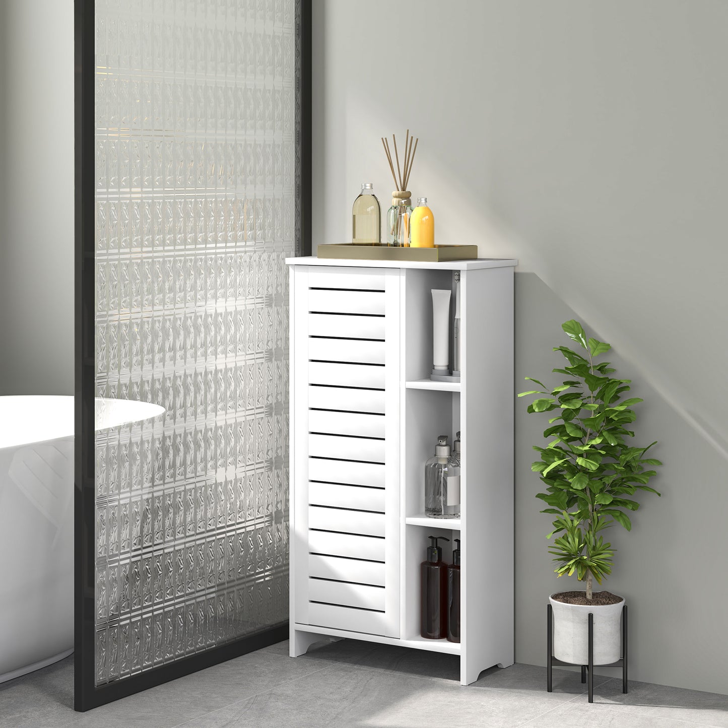 Bathroom Cabinet with 3-Tier Closed Cabinet and 3 Open Shelves, in White Wood, 48x24x96.5 cm