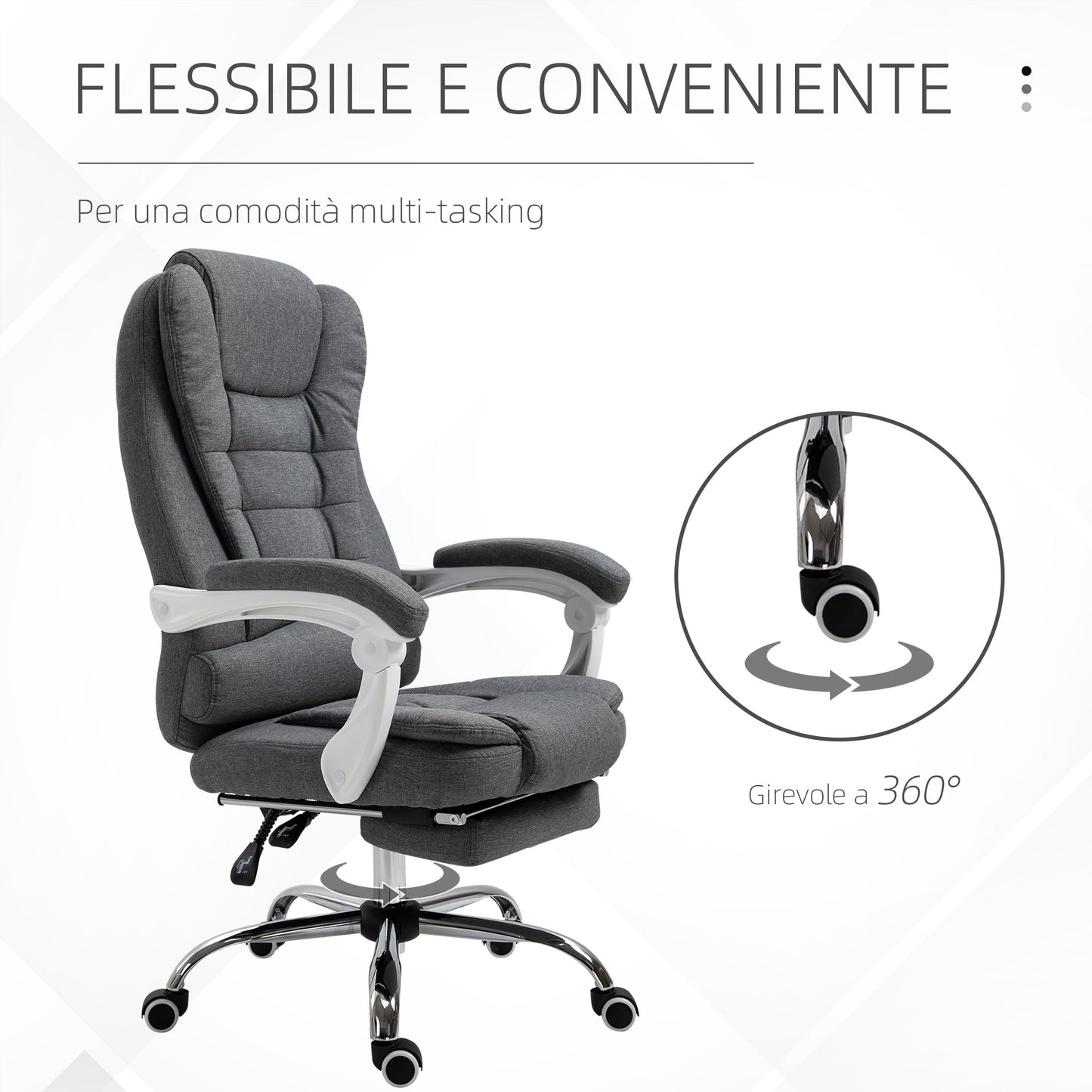 Vinsetto Reclining Office Chair with Retractable Footrest and High Backrest in Fabric, Gray