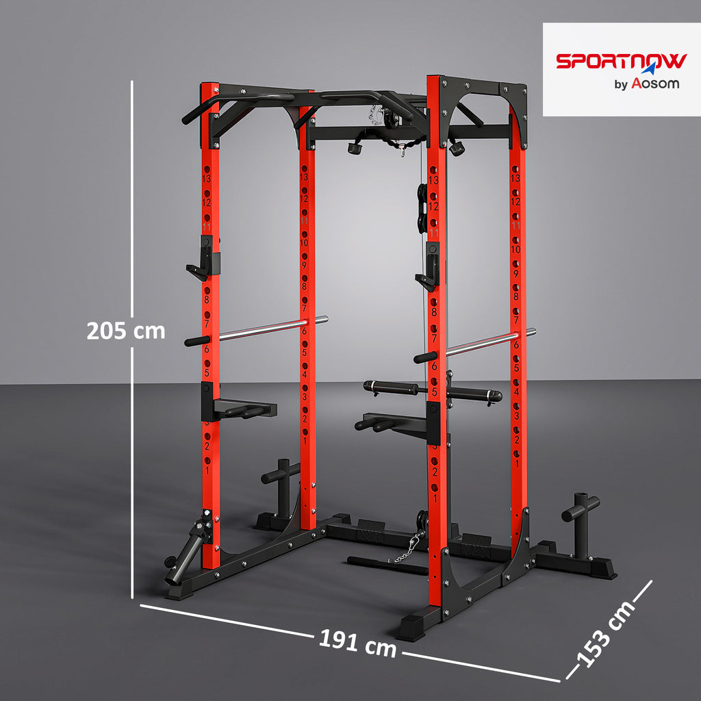 SPORTNOW Fitness Station with Barbell Stand and Pull-Up and Dip Bar, Steel, 191x153x205 cm, Red and Black