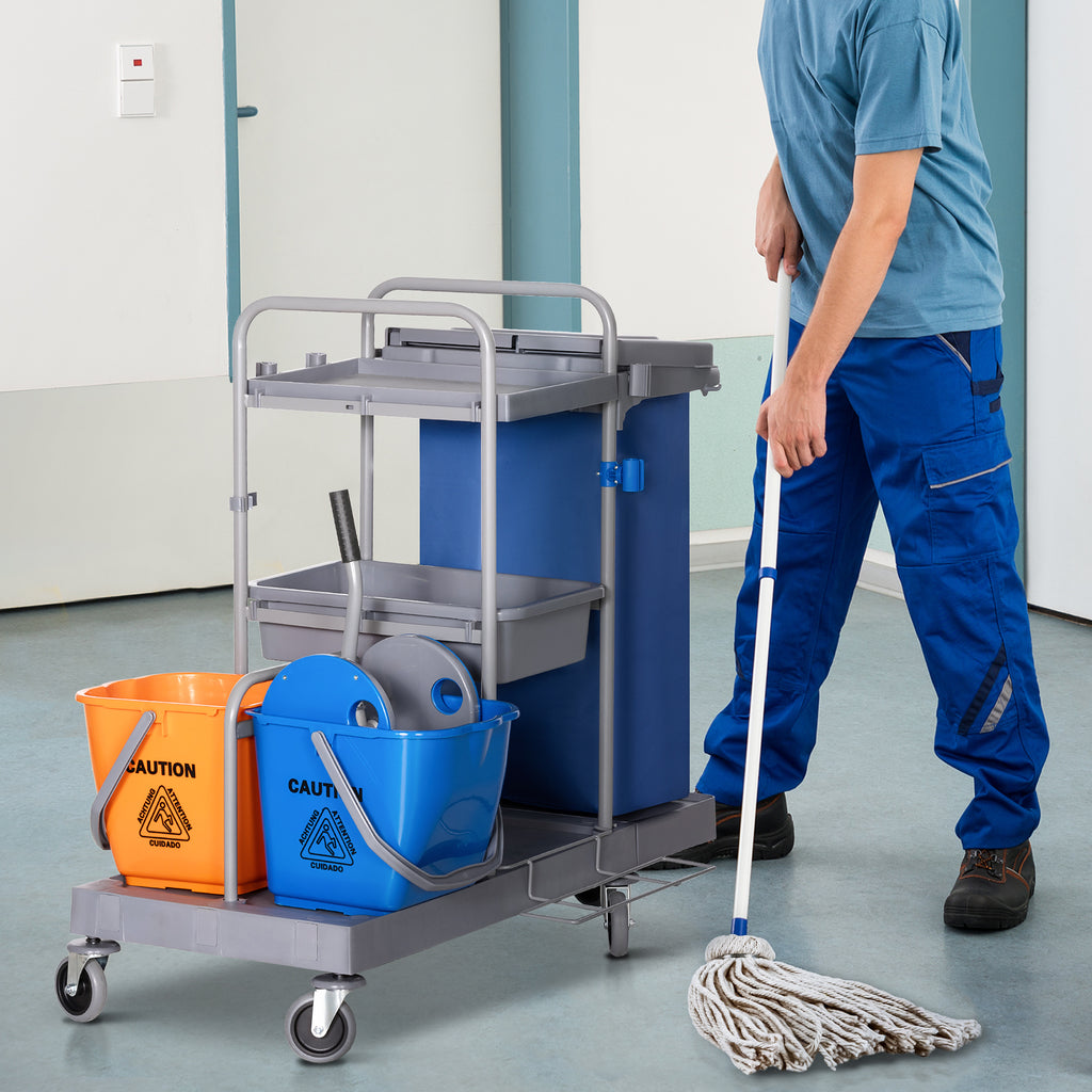 3-Tier Cleaning Trolley with Garbage Bag and Wringer, 111x63.3x103 cm, Grey, Blue and Orange