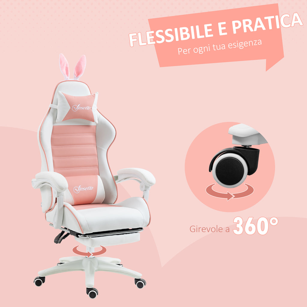 Ergonomic Gaming Chair with Ears, Removable Footrest, Lumbar Cushion and Headrest, Pink