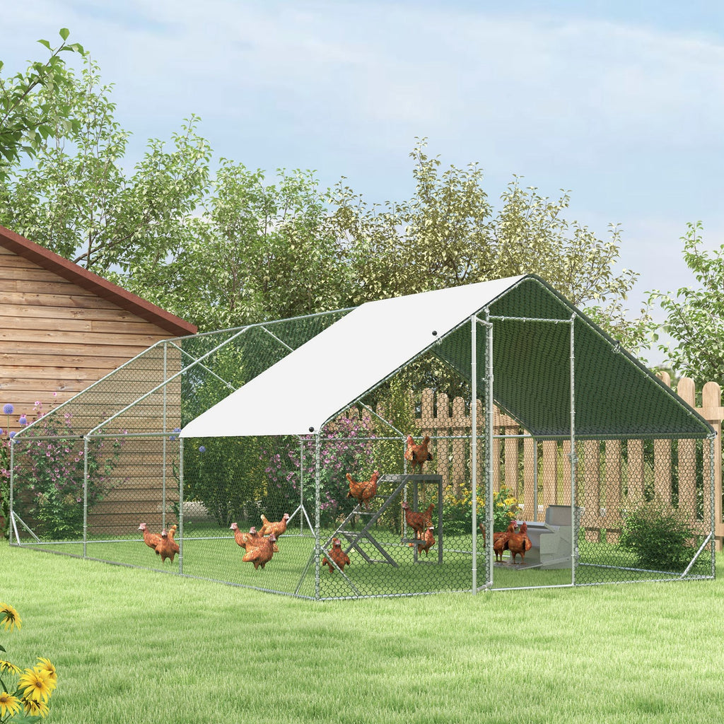 Garden Chicken Coop with Galvanized Frame, Waterproof Cover and Hexagonal Mesh, 3x6x2m, Silver