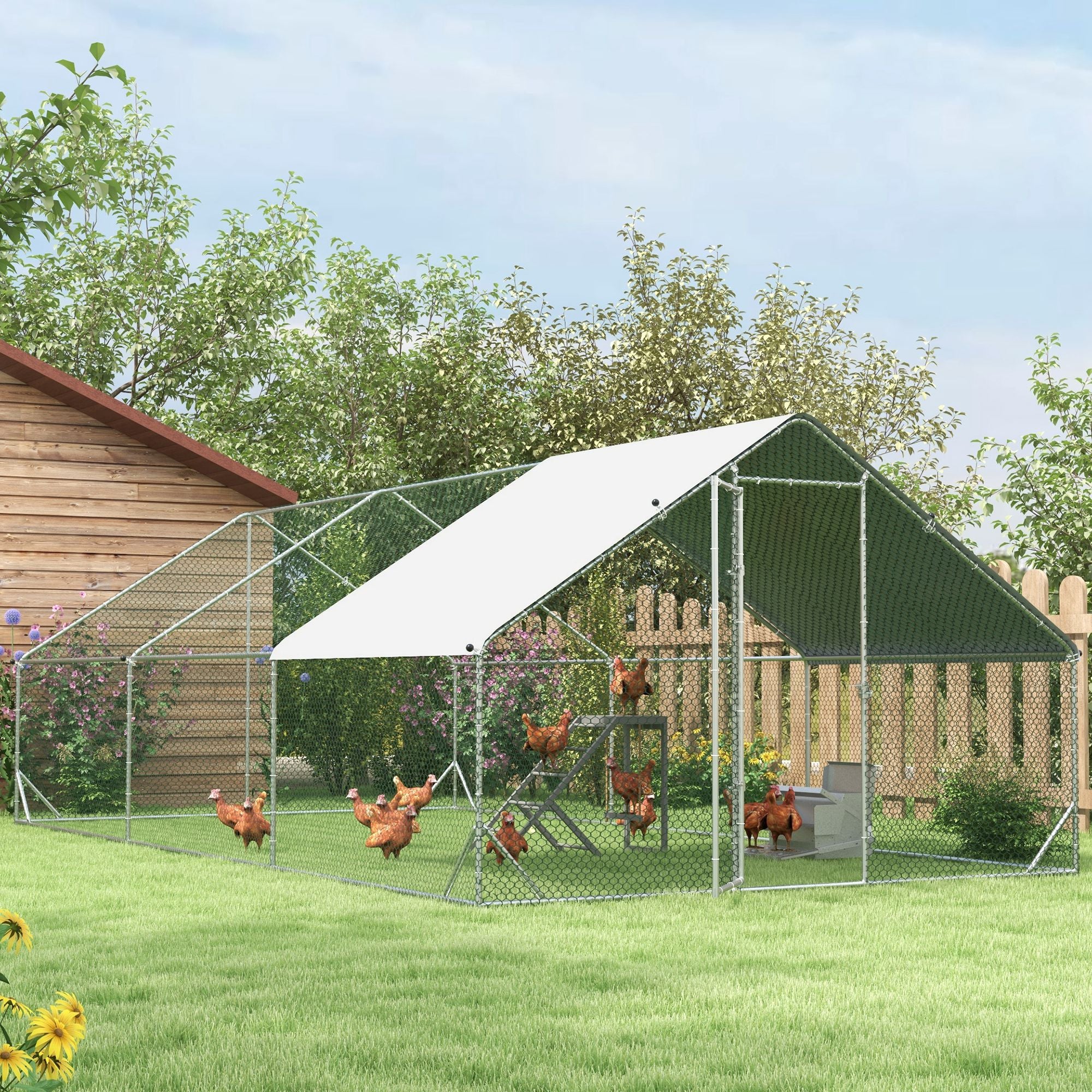 Garden Chicken Coop with Galvanized Frame, Waterproof Cover and Hexagonal Mesh, 3x6x2m, Silver