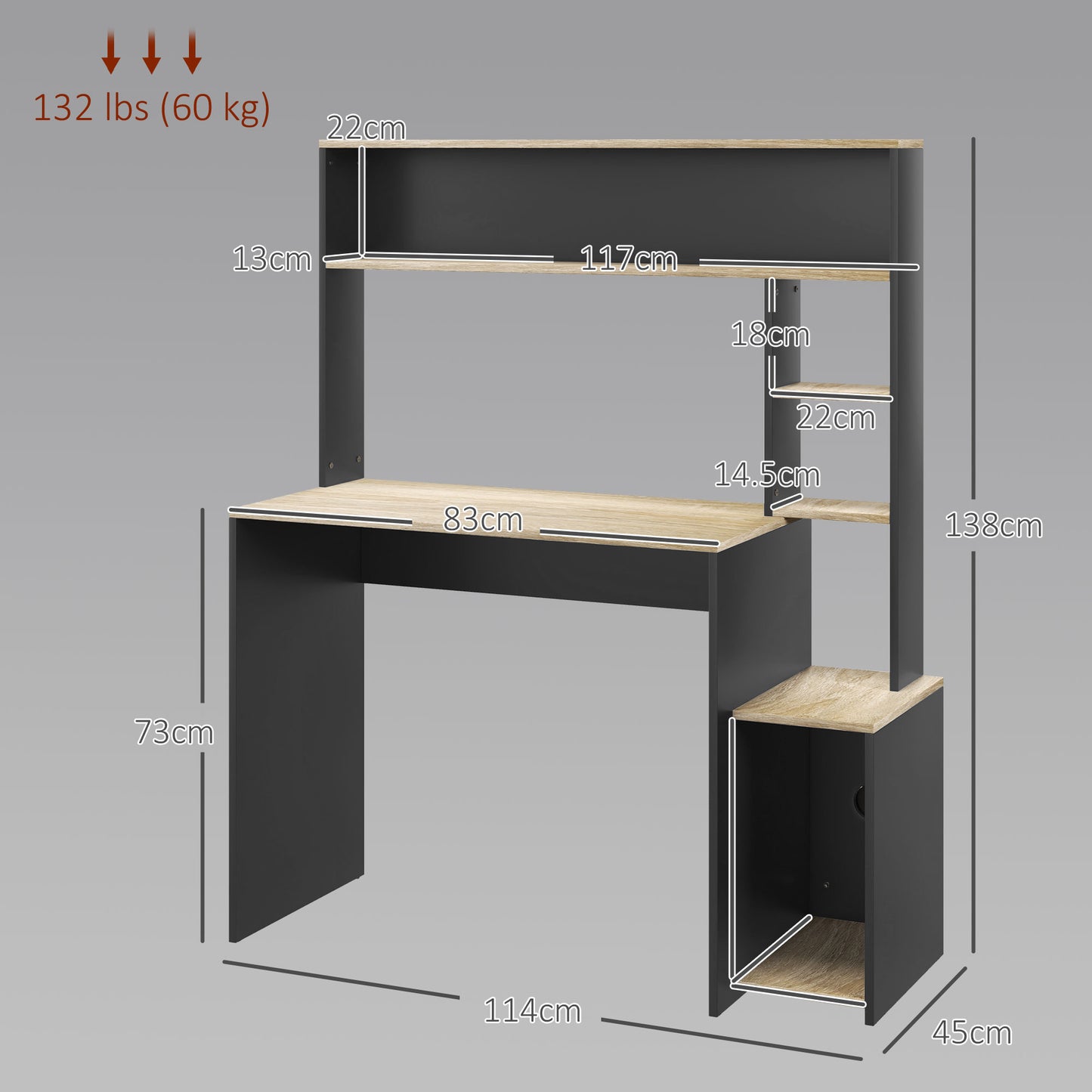 HOMCOM Modern Desk with Shelves and Wooden CPU Support, 114x45x138cm, Gray and Natural Wood