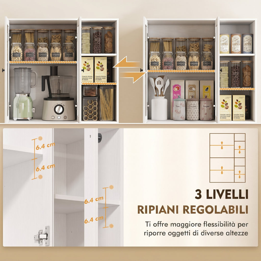 HOMCOM Tall Kitchen Sideboard, Pantry Cabinet with 4 Soft-Close Glass Doors, 6 Open Shelves, Adjustable Shelves, White