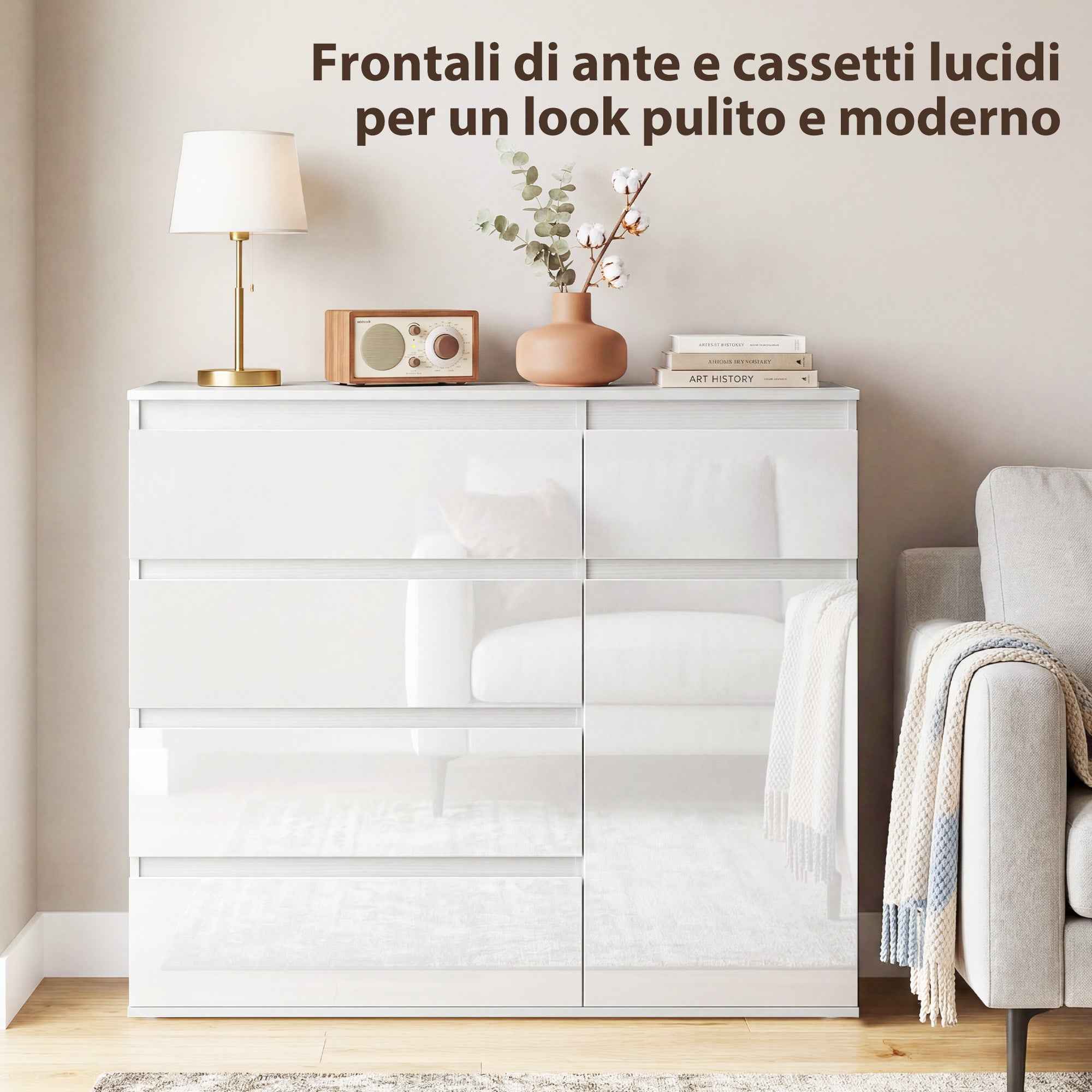 Sideboard, Cabinet with 5 Drawers, Adjustable Shelf, Gloss White.