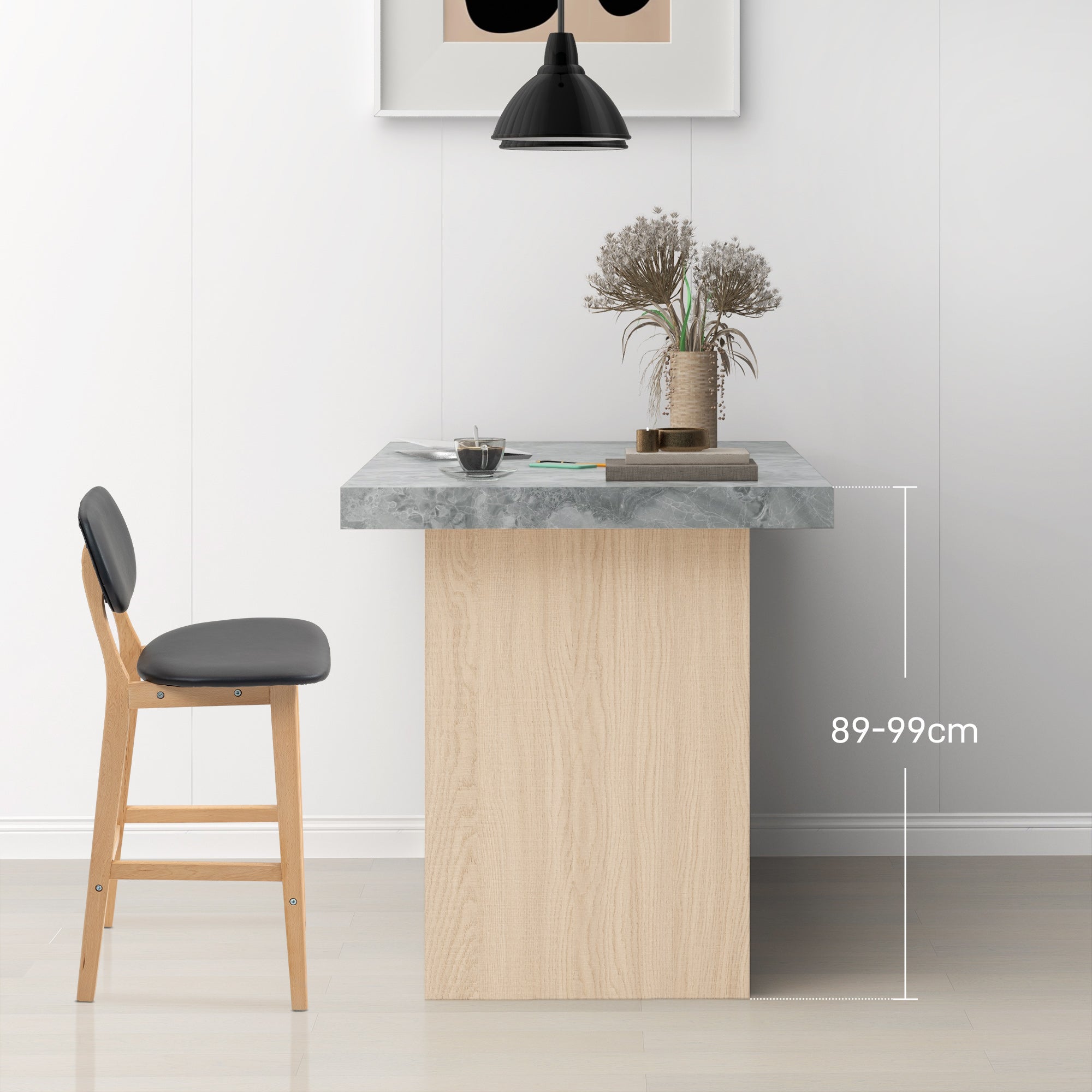 Set of 2 Bar Stools with Backrest, Faux Leather Cover and Footrest, 42x47x92cm, Black - Borgè